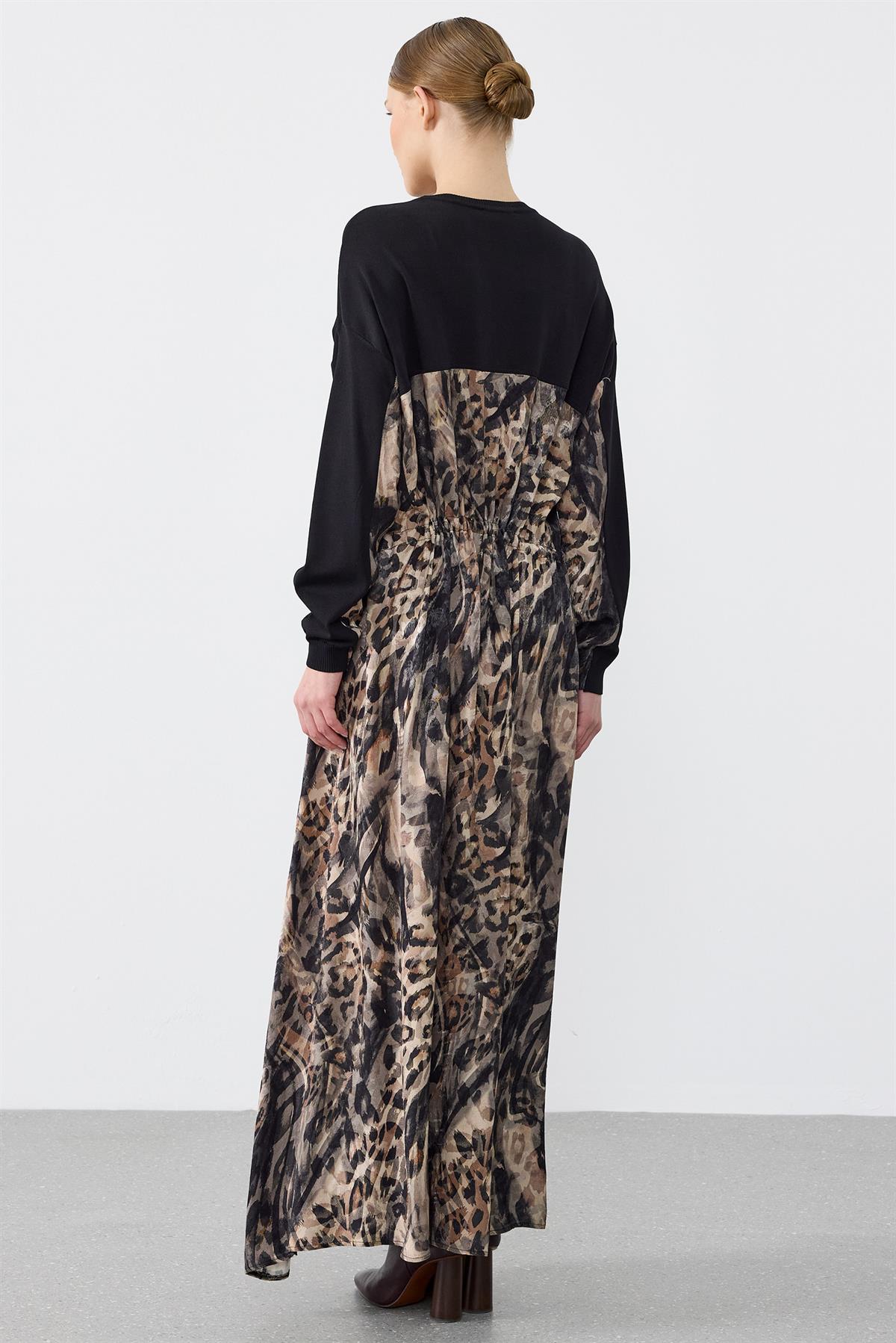 Leopar Desenli Mix Elbise SİYAH