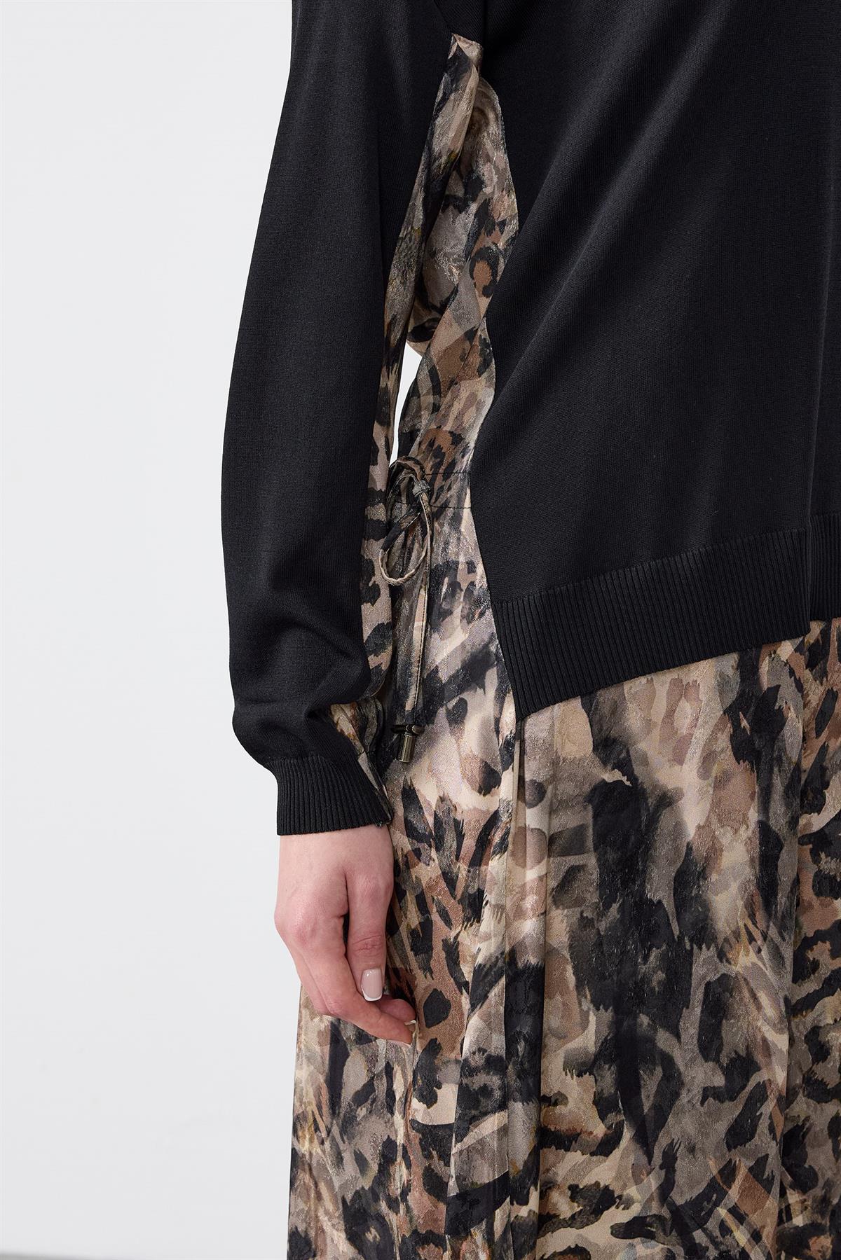 Leopar Desenli Mix Elbise SİYAH