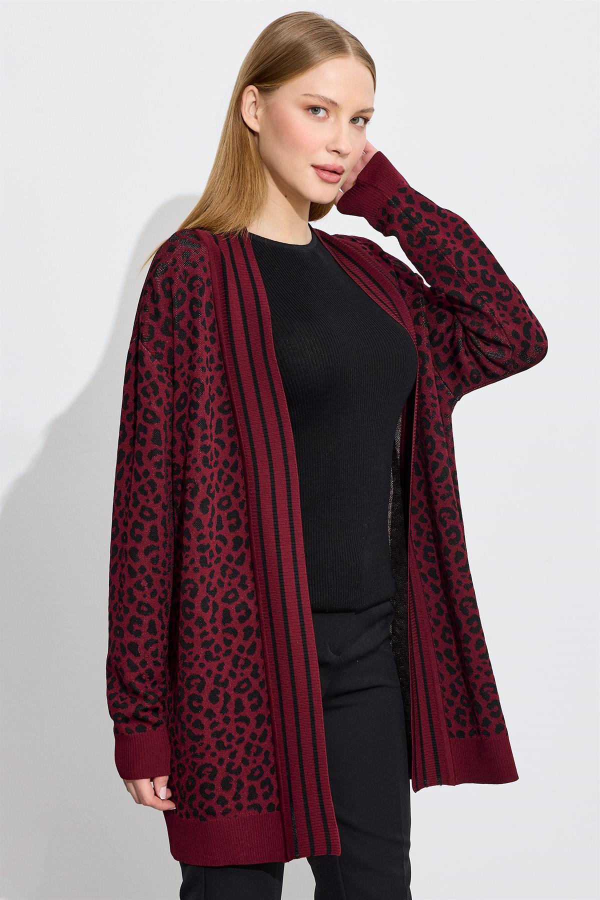 Leopar Desenli Rayon Hırka BORDO