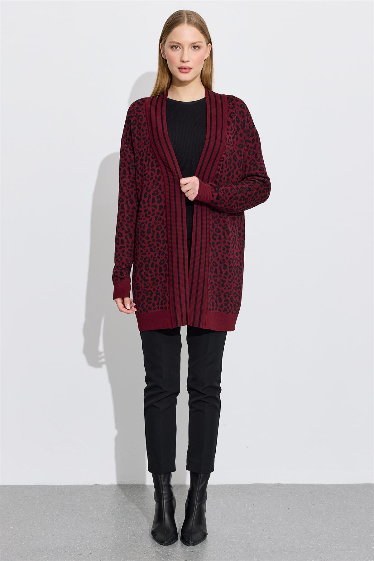 Leopar Desenli Rayon Hırka BORDO