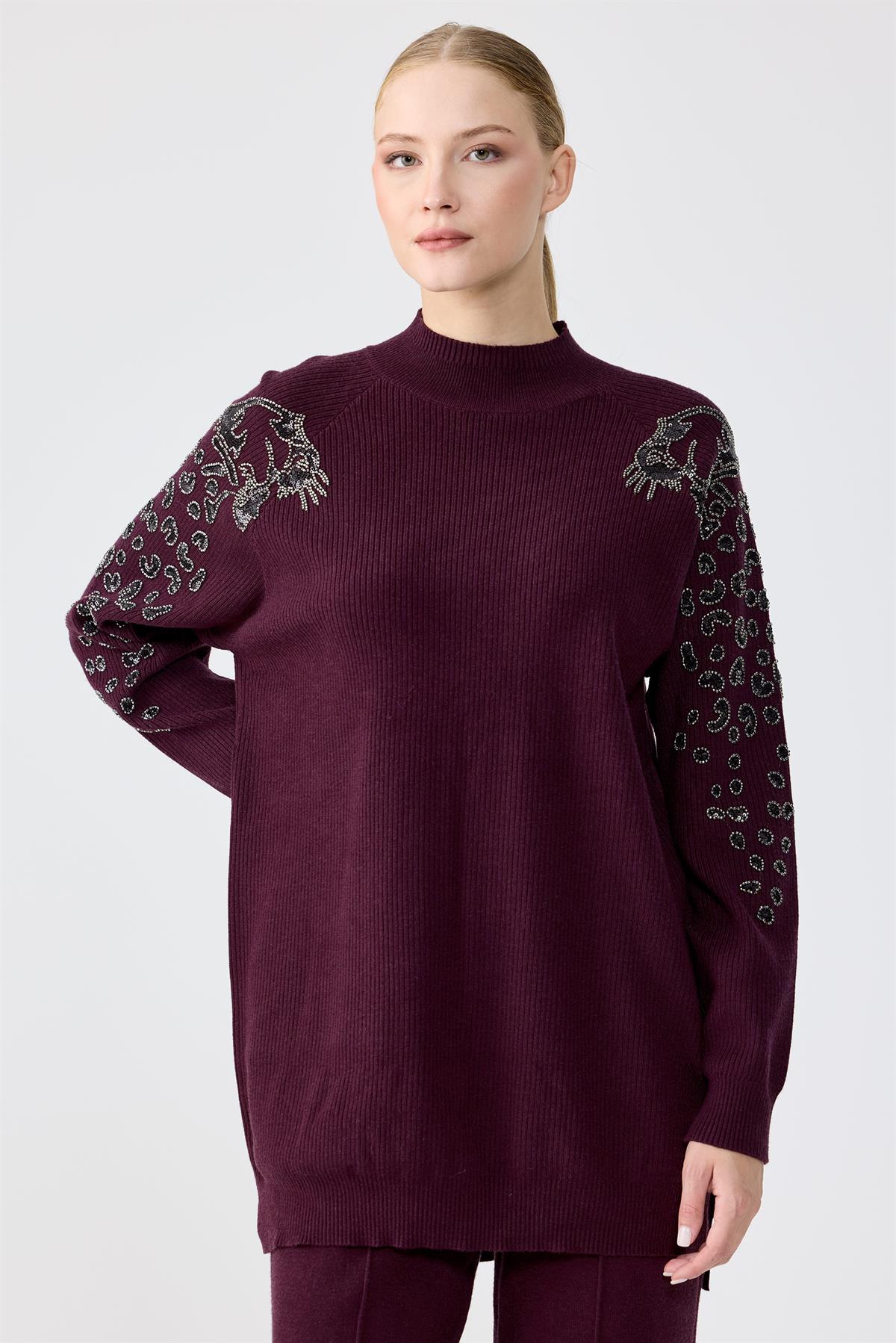 Leopar Taş işlemeli Tunik Pantolon Takım MÜRDÜM