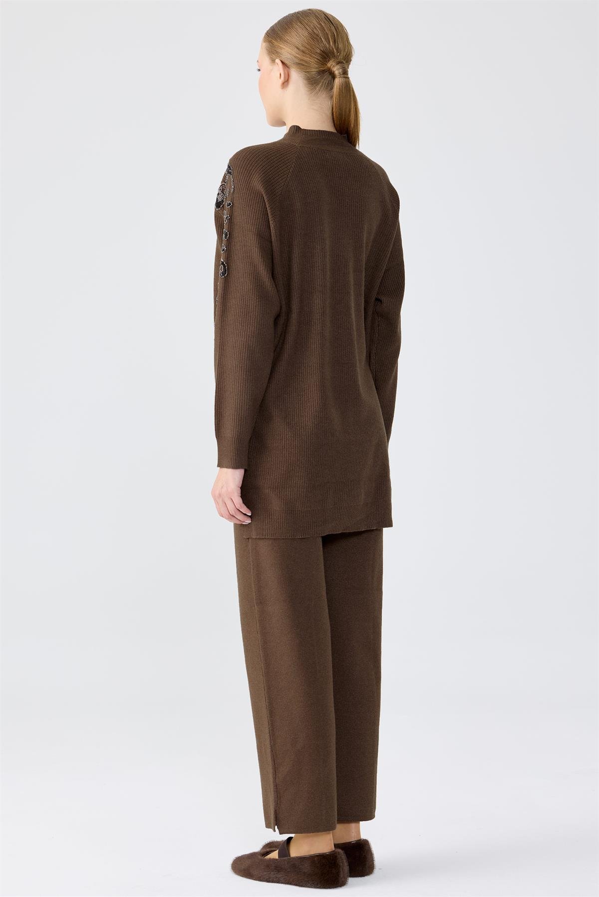 Leopar Taş işlemeli Tunik Pantolon Takım KAHVE