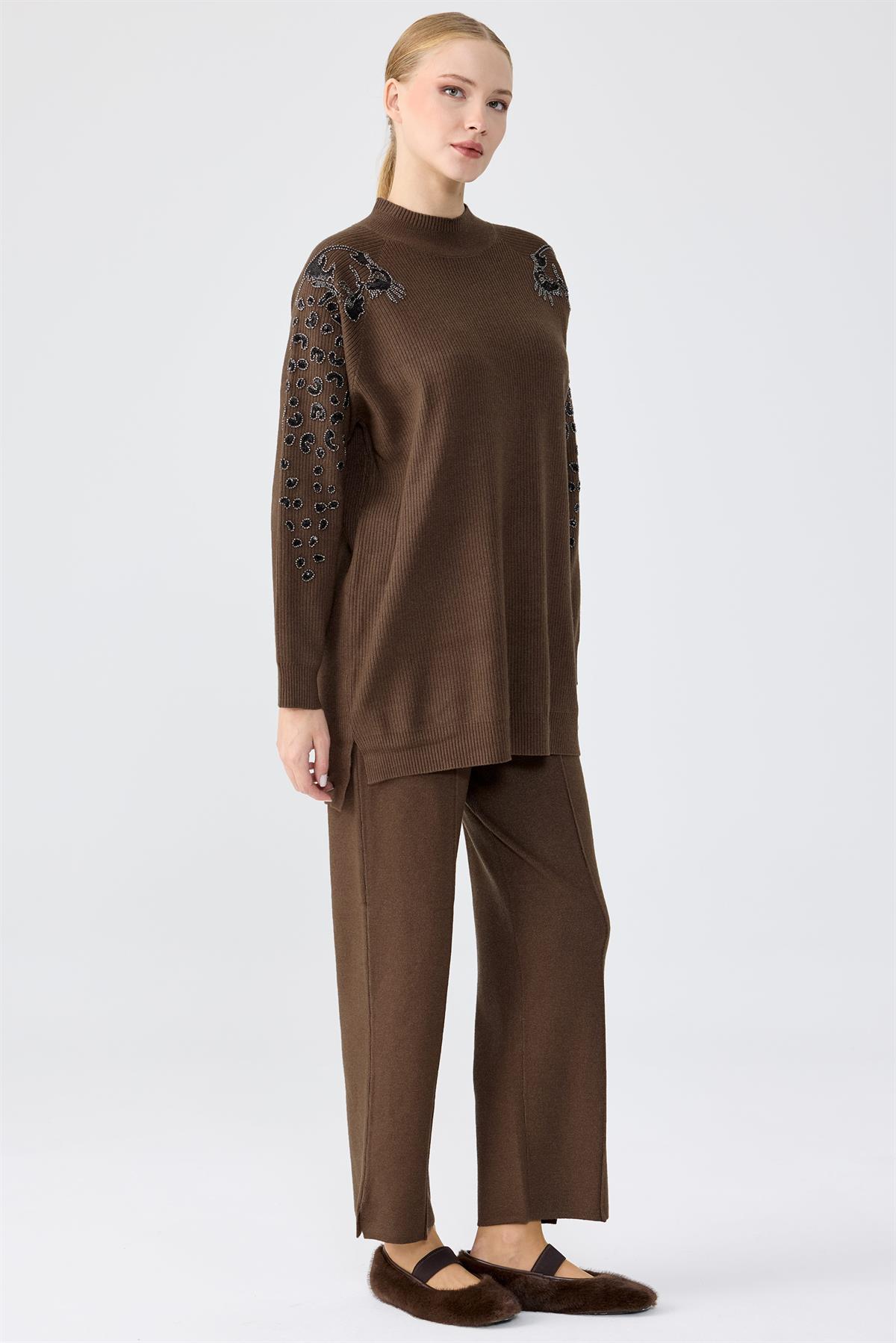 Leopar Taş işlemeli Tunik Pantolon Takım KAHVE