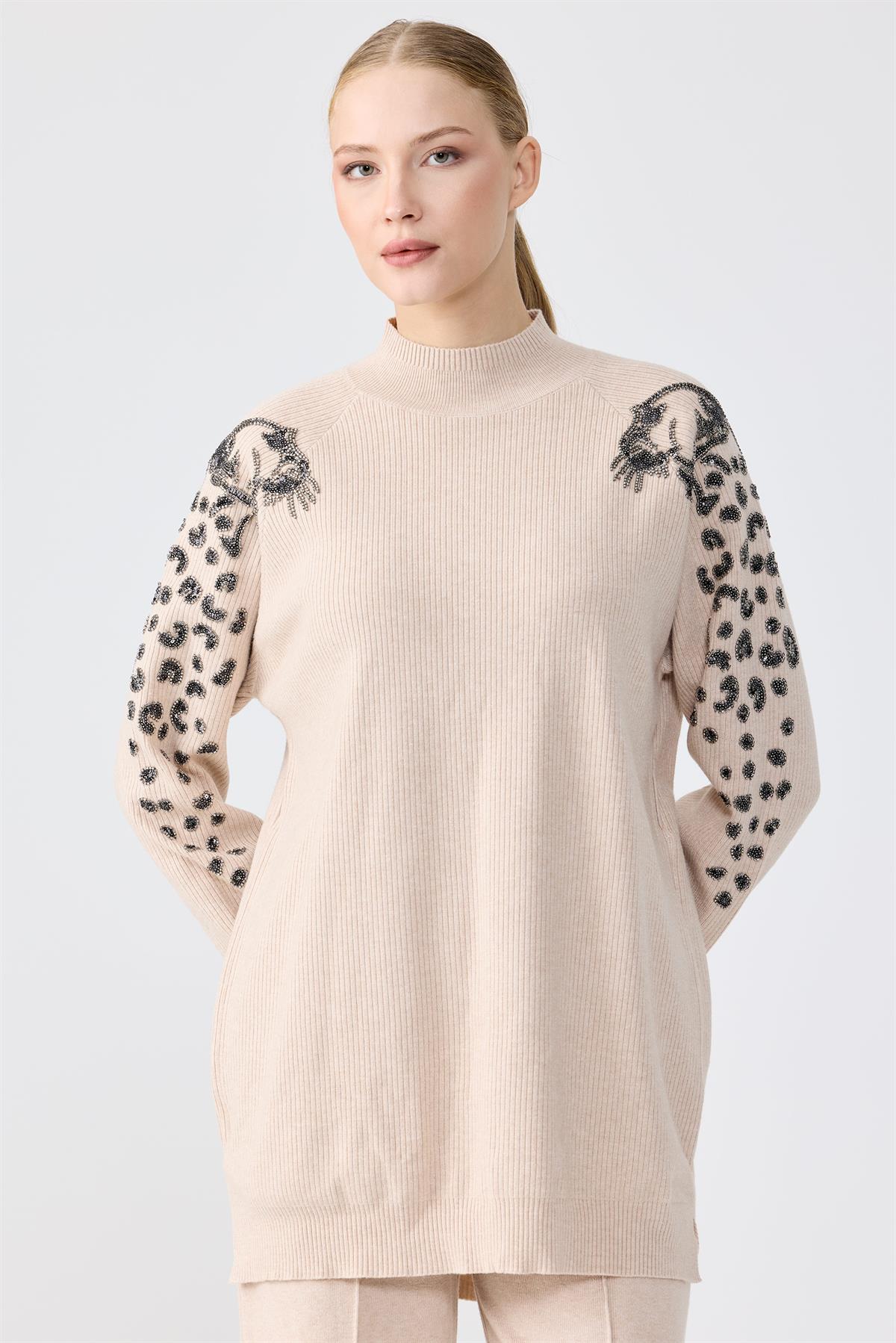 Leopar Taş işlemeli Tunik Pantolon Takım TAŞ