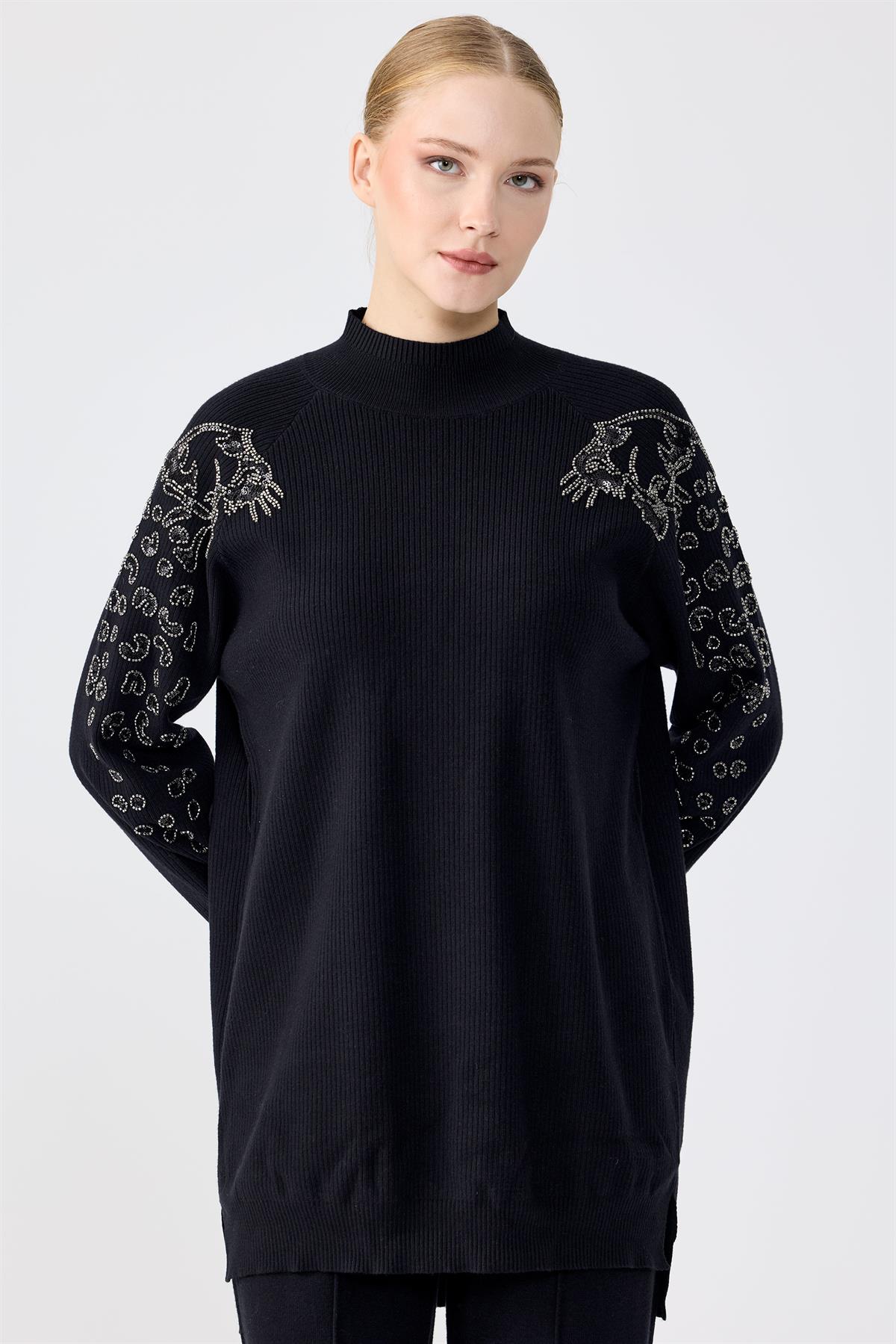 Leopar Taş işlemeli Tunik Pantolon Takım SİYAH