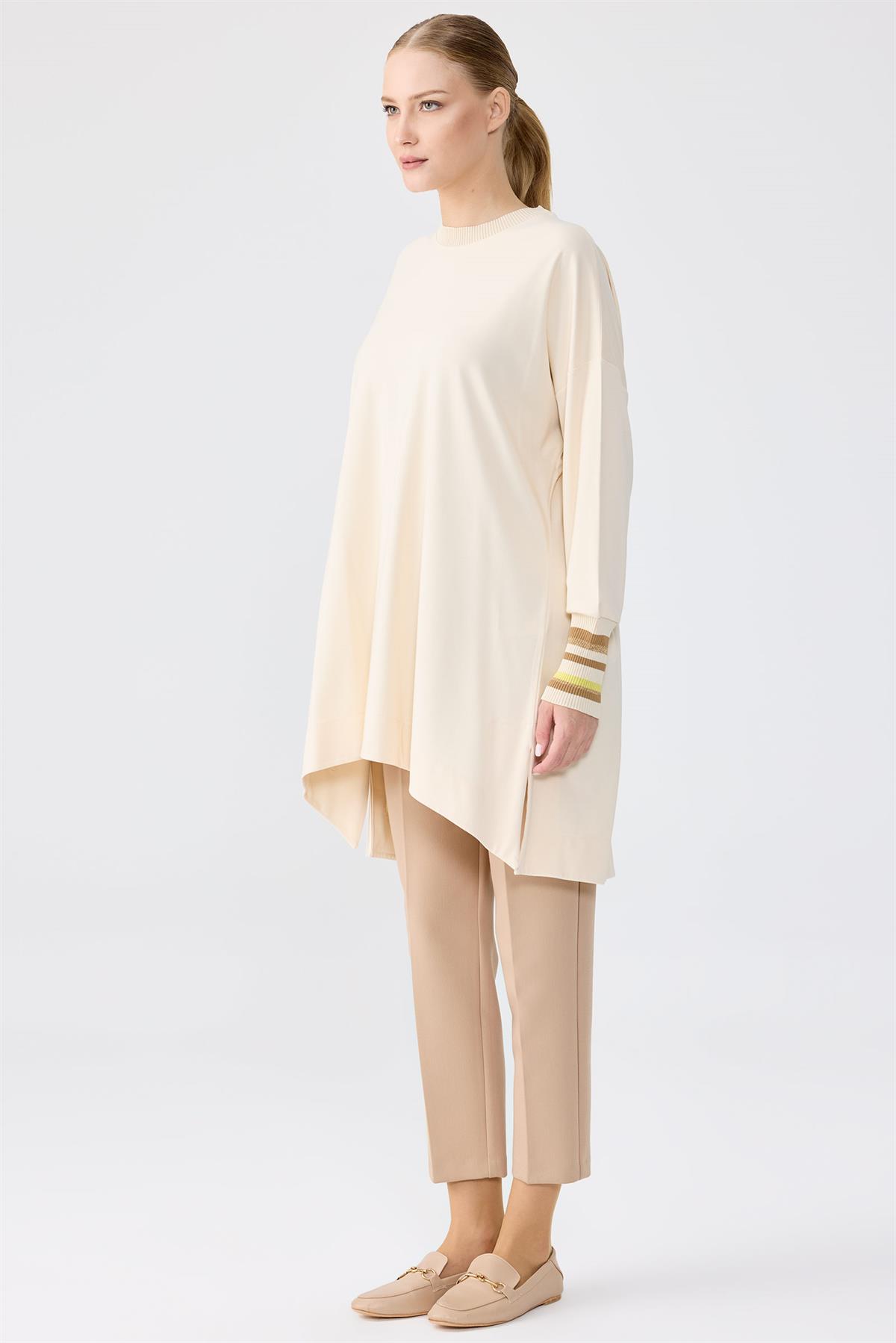 Manşetleri Çizgili Ribanalı Tunik BEJ