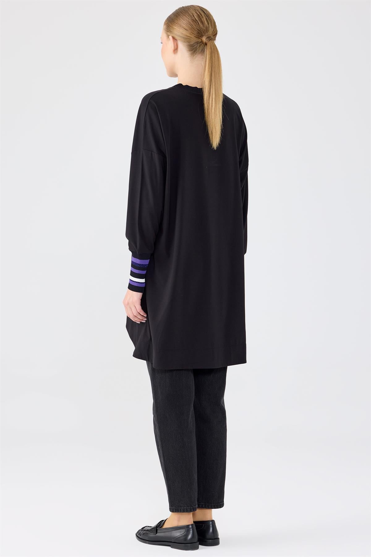 Manşetleri Çizgili Ribanalı Tunik SİYAH