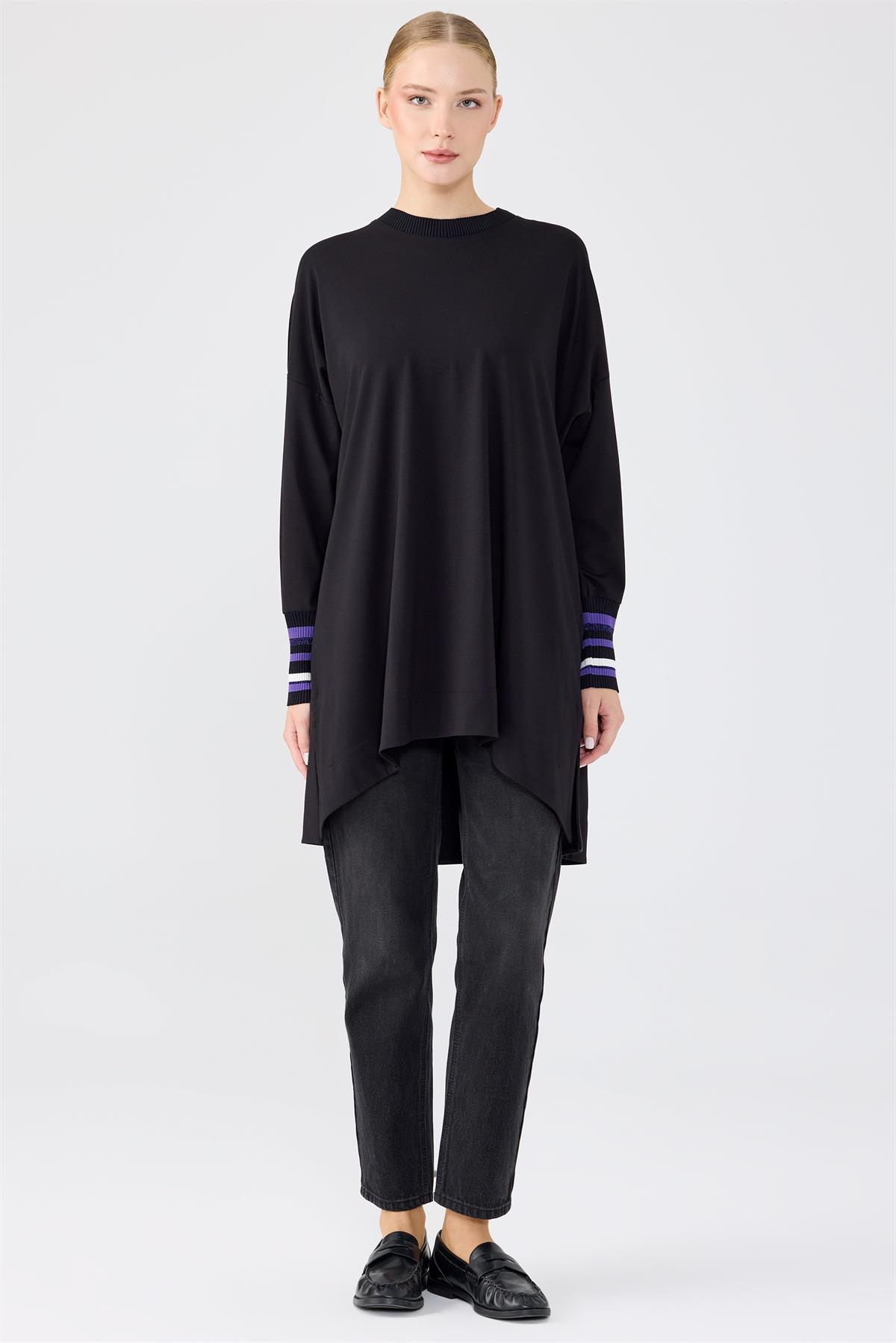 Manşetleri Çizgili Ribanalı Tunik SİYAH