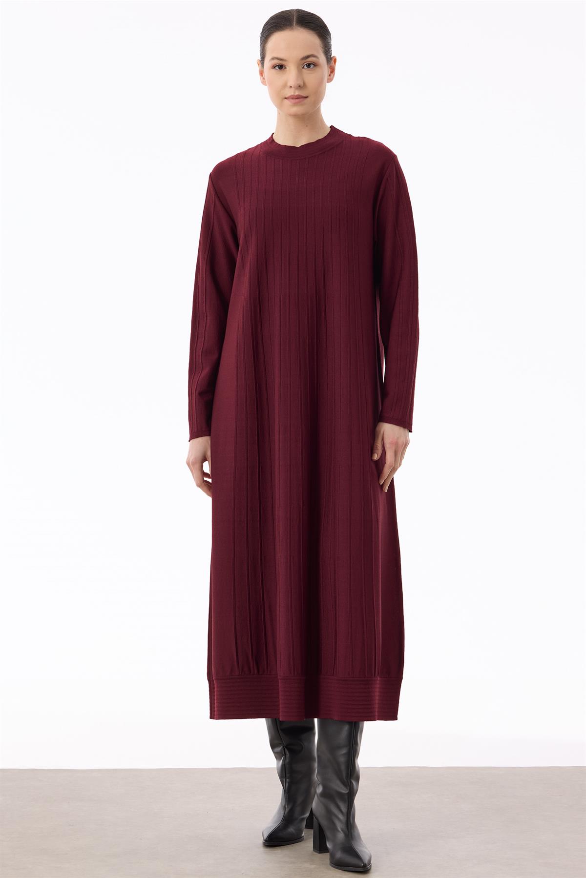 Nervür Detaylı Rayon Elbise BORDO