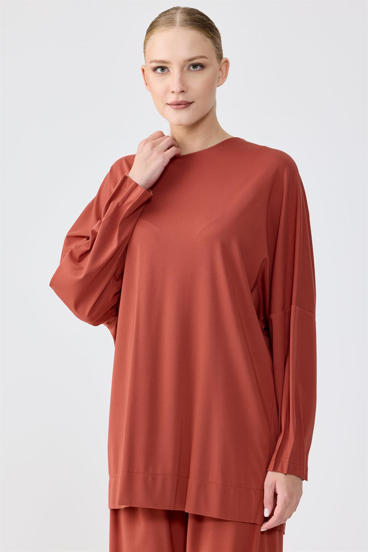 Nervür Detaylı Tunik Pantolon Takım KİREMİT