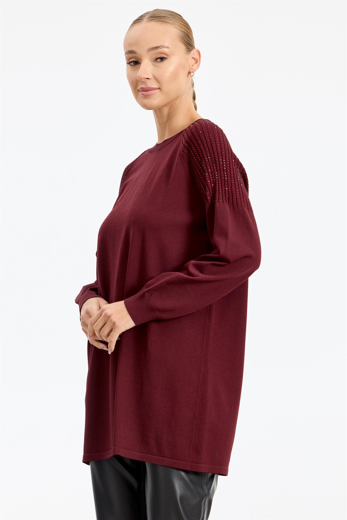 Omuzlar Taş Baskılı Rayon Tunik BORDO