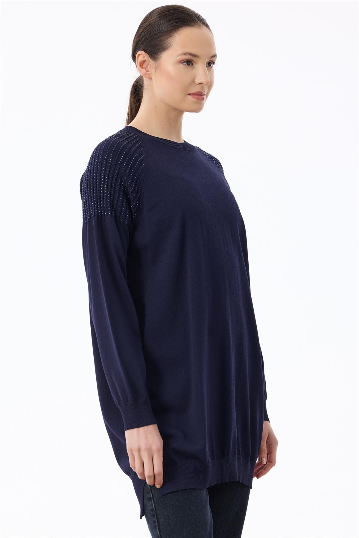 Omuzlar Taş Baskılı Rayon Tunik LACİVERT