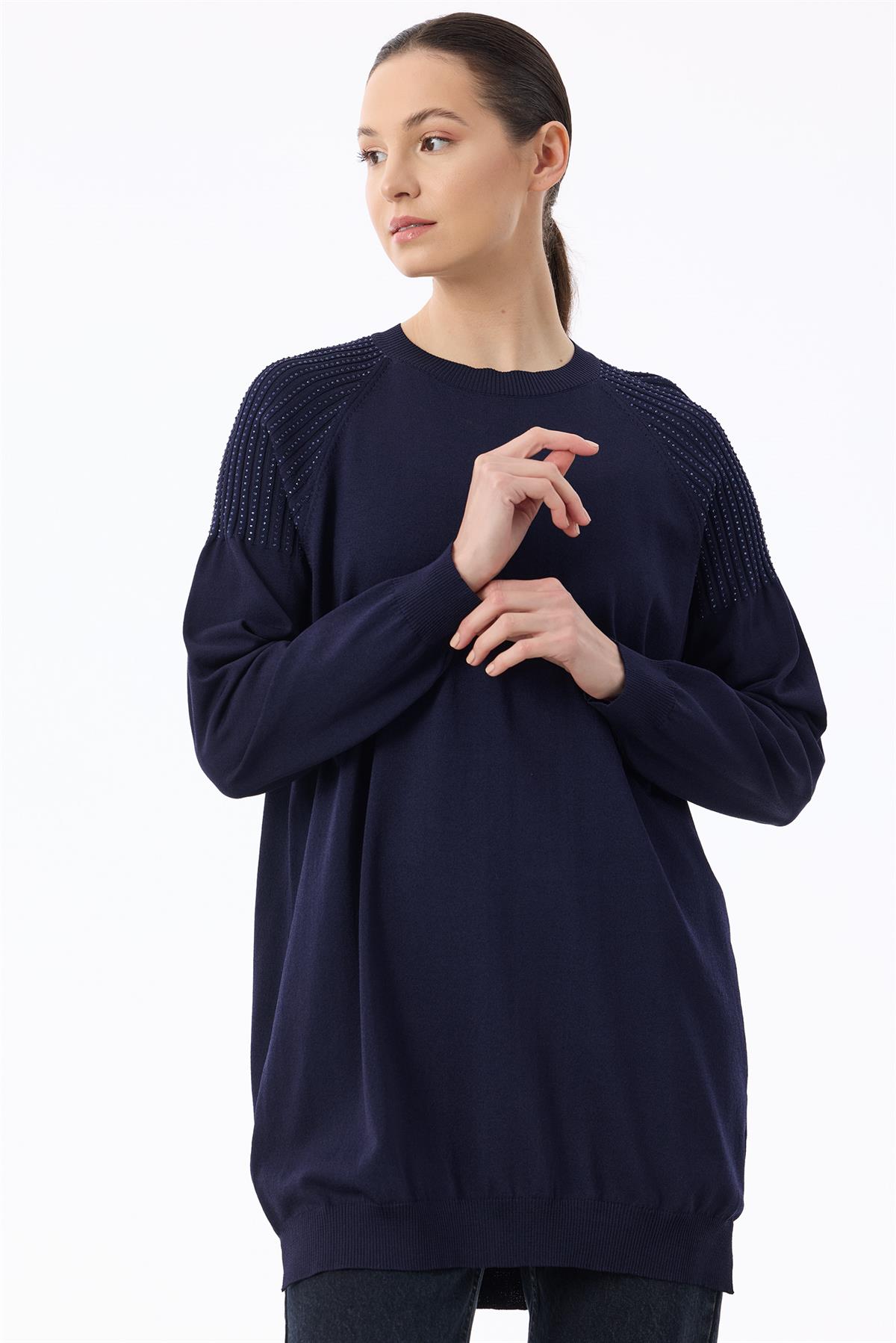 Omuzlar Taş Baskılı Rayon Tunik LACİVERT