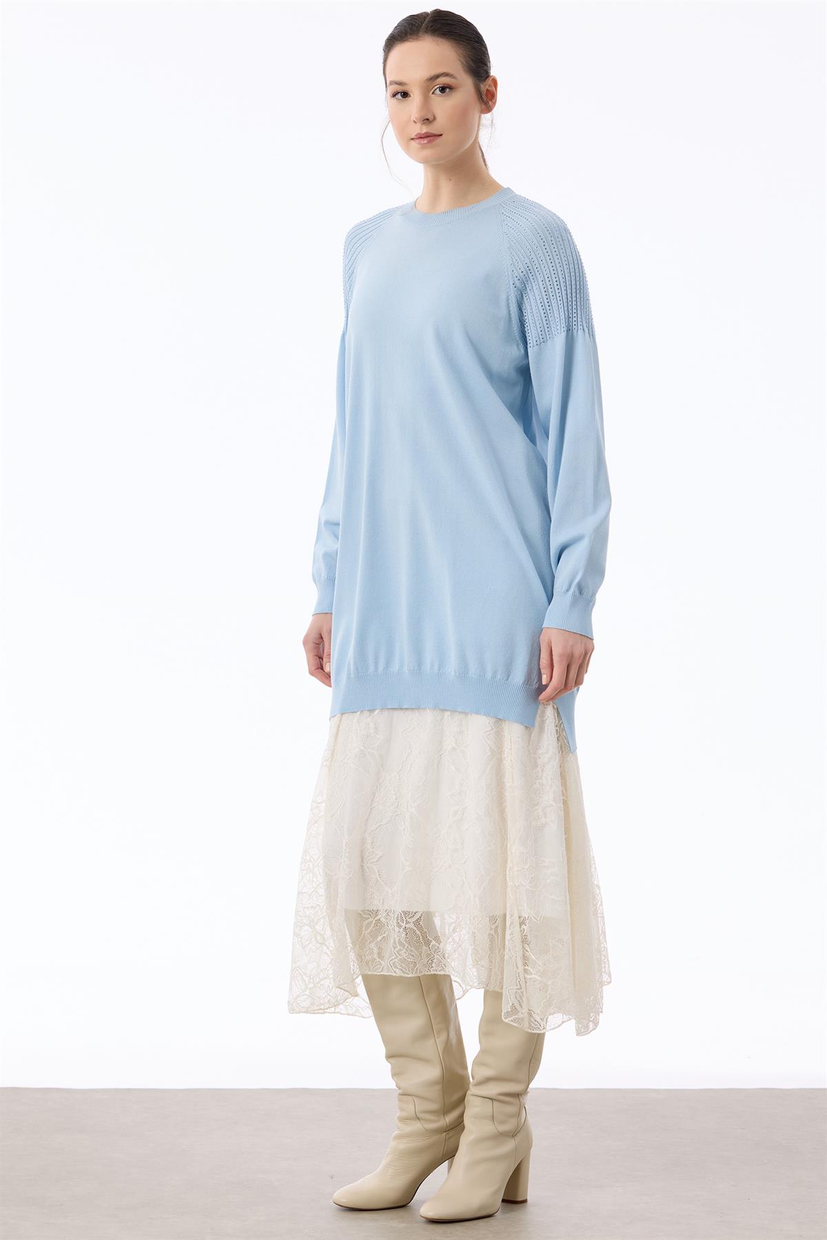 Omuzlar Taş Baskılı Rayon Tunik MAVİ