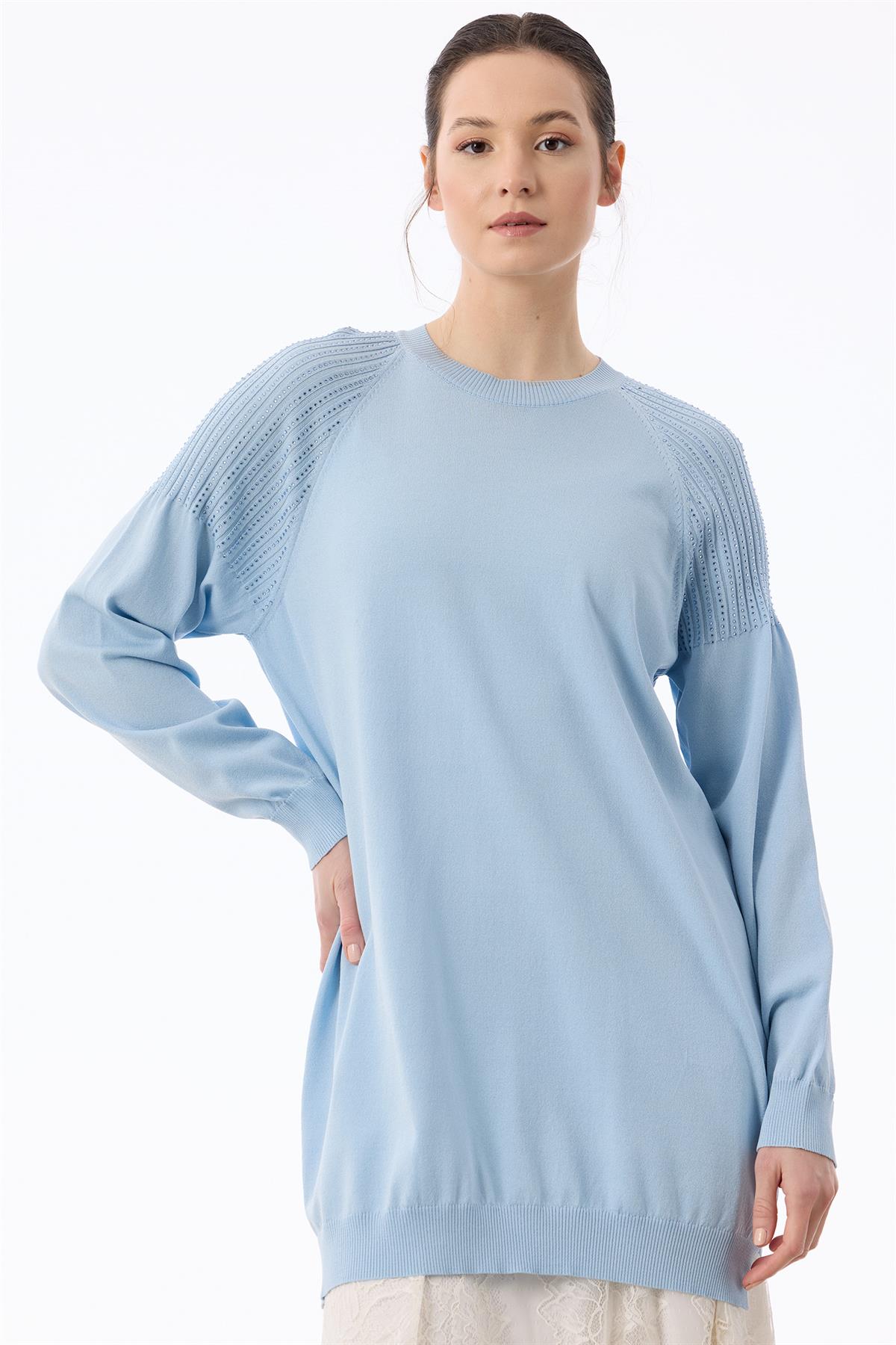 Omuzlar Taş Baskılı Rayon Tunik MAVİ