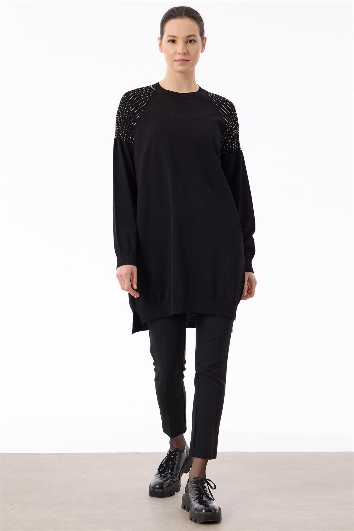 Omuzlar Taş Baskılı Rayon Tunik SİYAH