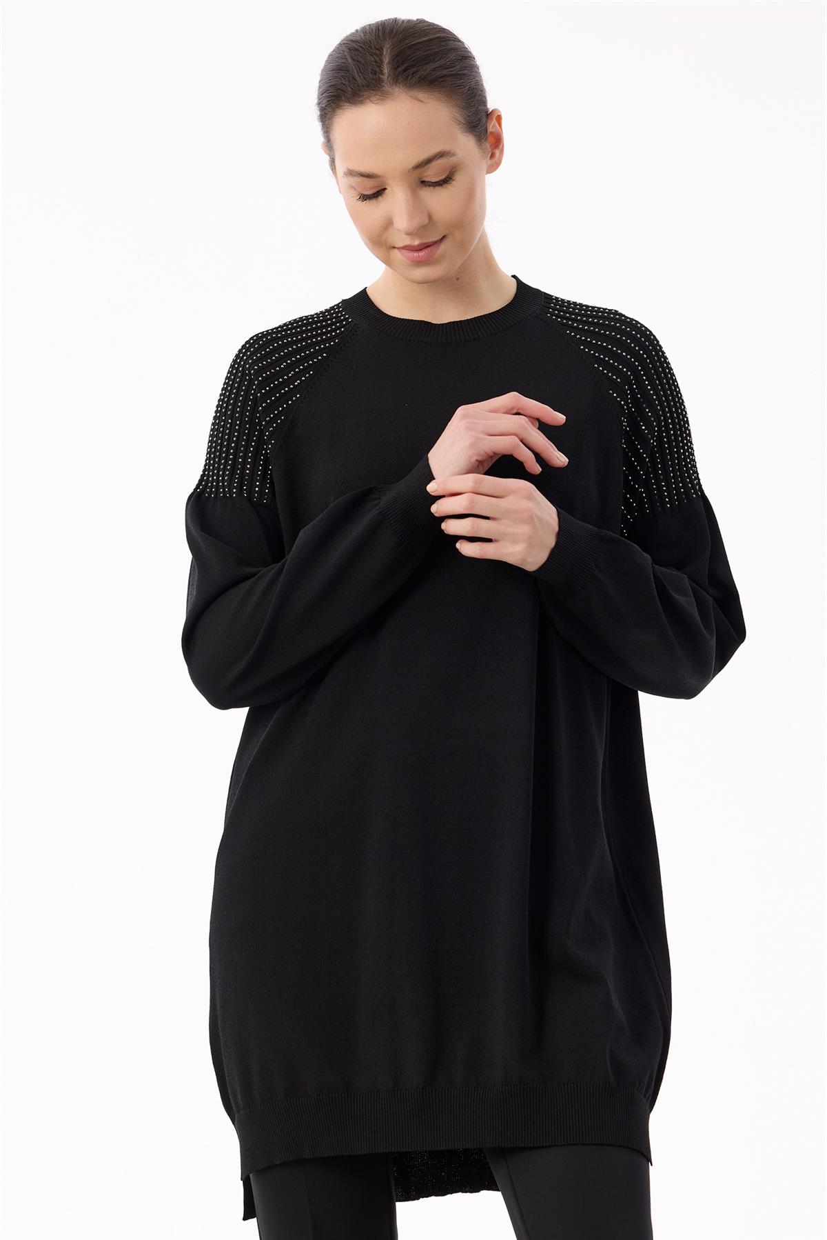 Omuzlar Taş Baskılı Rayon Tunik SİYAH