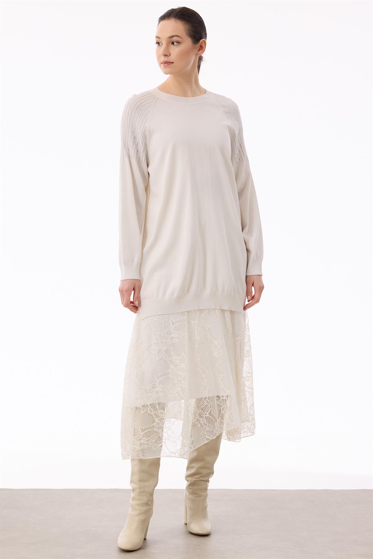 Omuzlar Taş Baskılı Rayon Tunik VANİLYA