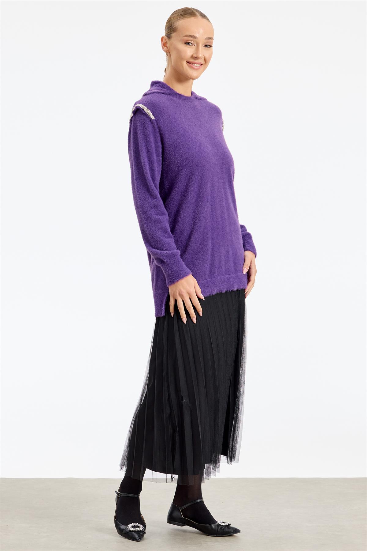 Omuzları Taş Detaylı Tunik MOR