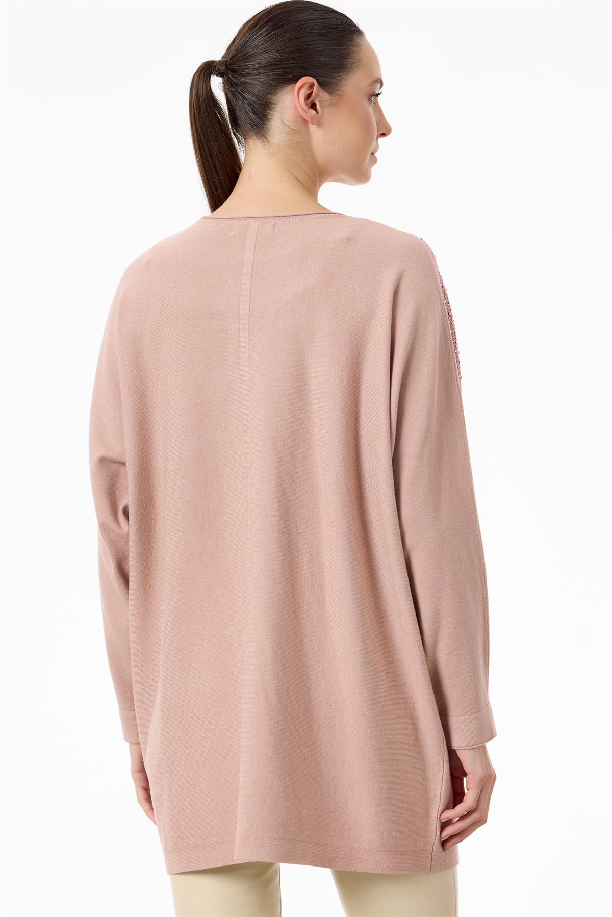 Omuzları ve Cepleri Taşlı Sosis Yakalı triko Tunik PEMBE