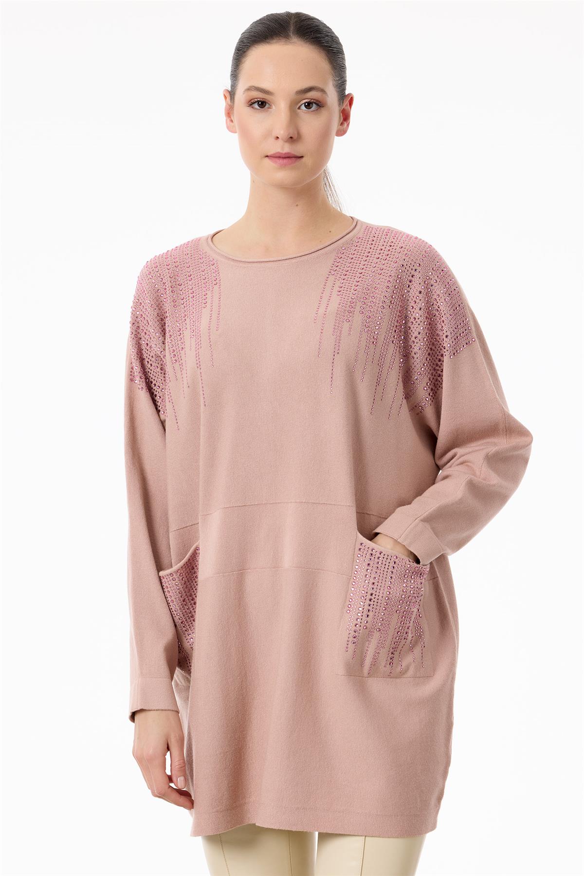 Omuzları ve Cepleri Taşlı Sosis Yakalı triko Tunik PEMBE
