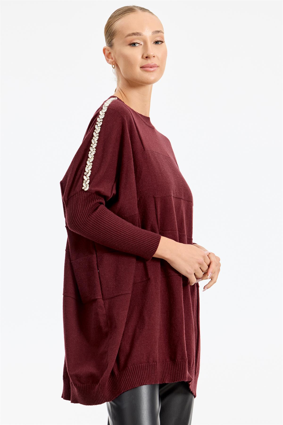 Omzu Yapıştırma Taşlı Yarasa Kollu Triko Tunik BORDO
