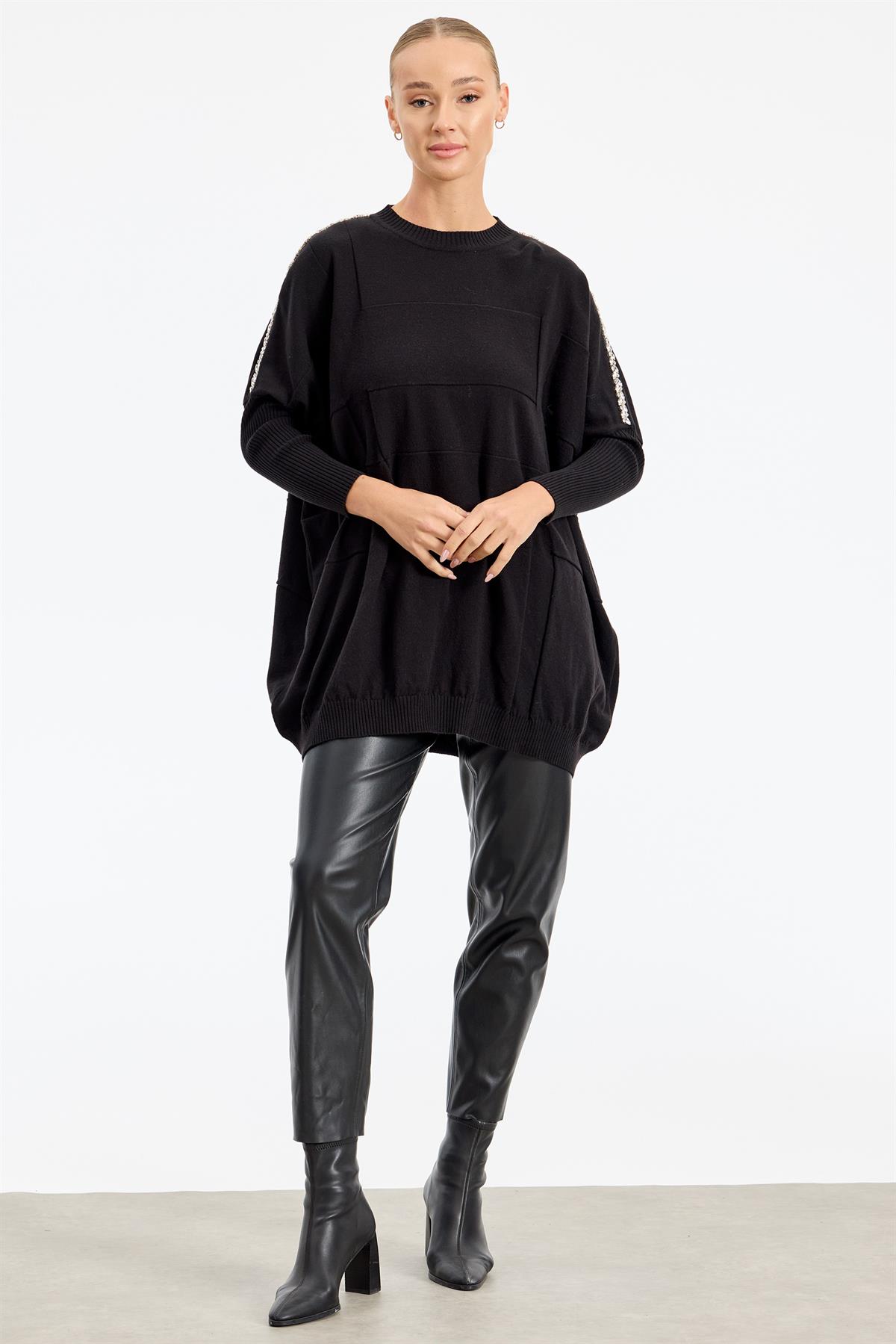 Omzu Yapıştırma Taşlı Yarasa Kollu Triko Tunik SİYAH