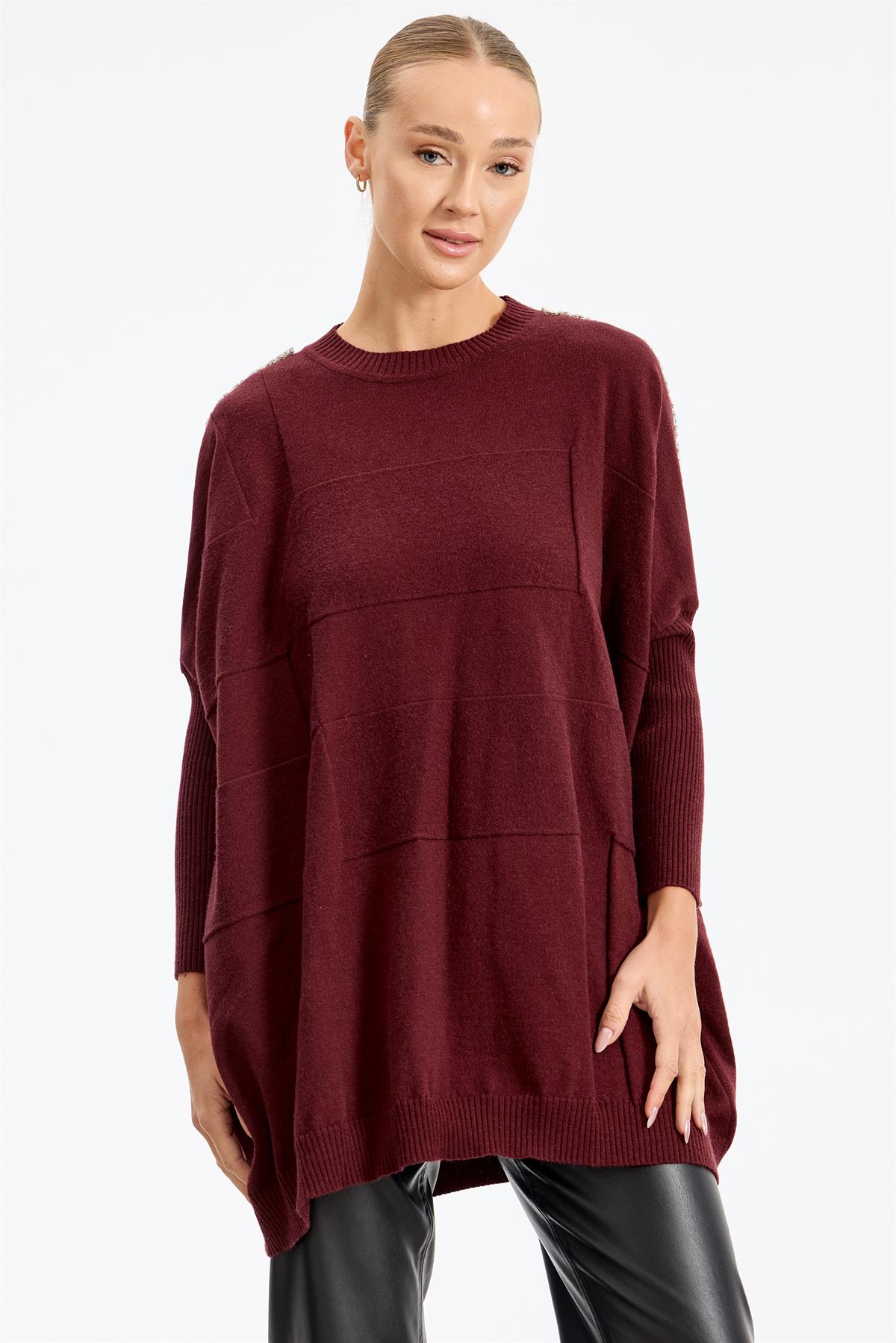 Omzu Yapıştırma Taşlı Yarasa Kollu Triko Tunik BORDO