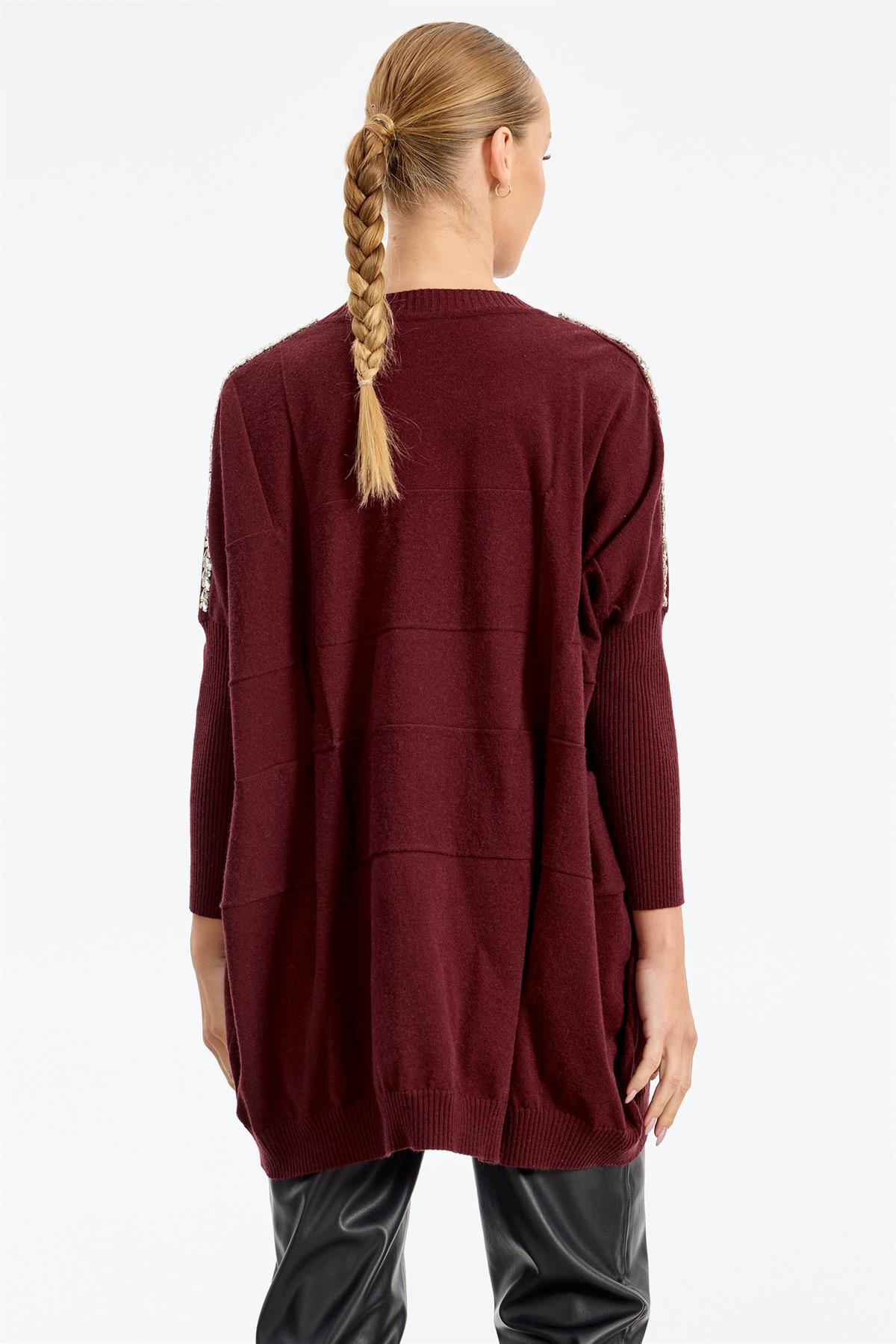 Omzu Yapıştırma Taşlı Yarasa Kollu Triko Tunik BORDO