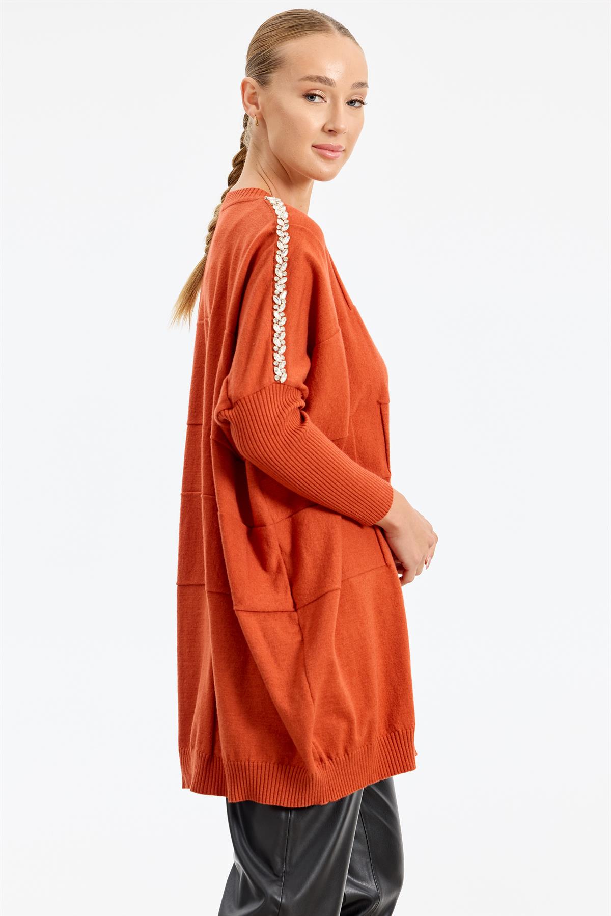 Omzu Yapıştırma Taşlı Yarasa Kollu Triko Tunik KİREMİT