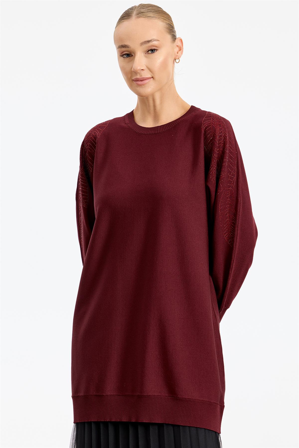 Omzu Yaprak Taş Baskılı Rayon Tunik BORDO