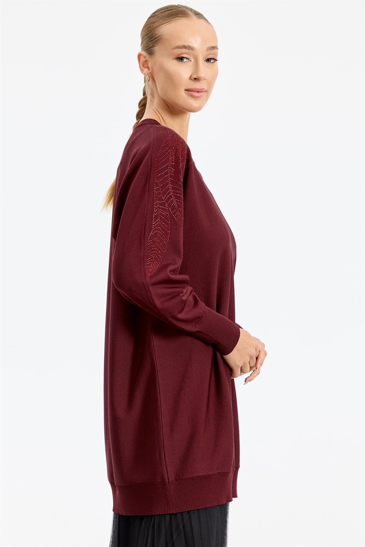 Omzu Yaprak Taş Baskılı Rayon Tunik BORDO