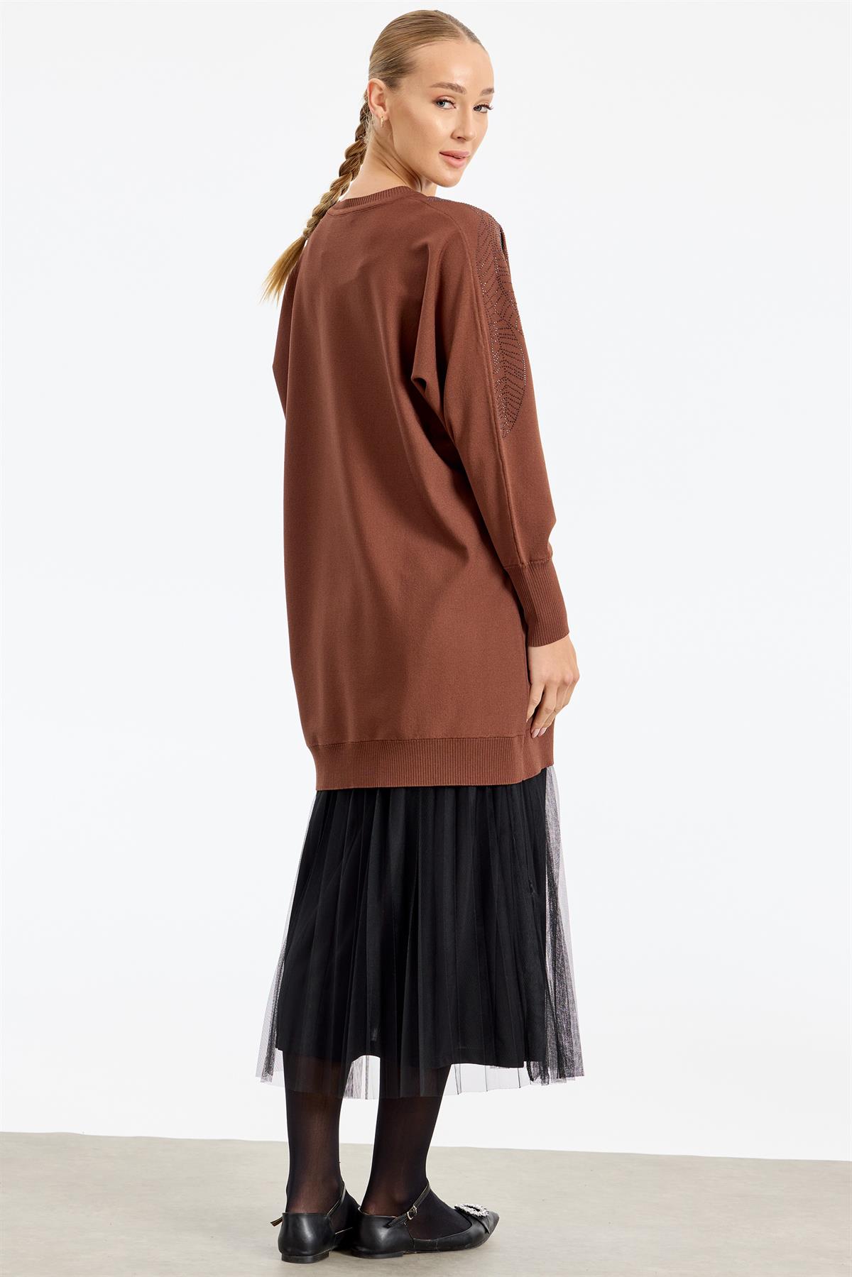 Omzu Yaprak Taş Baskılı Rayon Tunik KAHVE