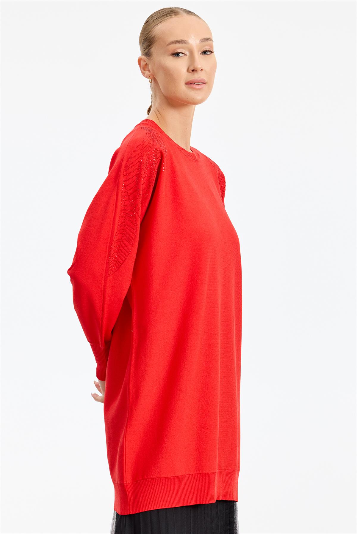 Omzu Yaprak Taş Baskılı Rayon Tunik KIRMIZI