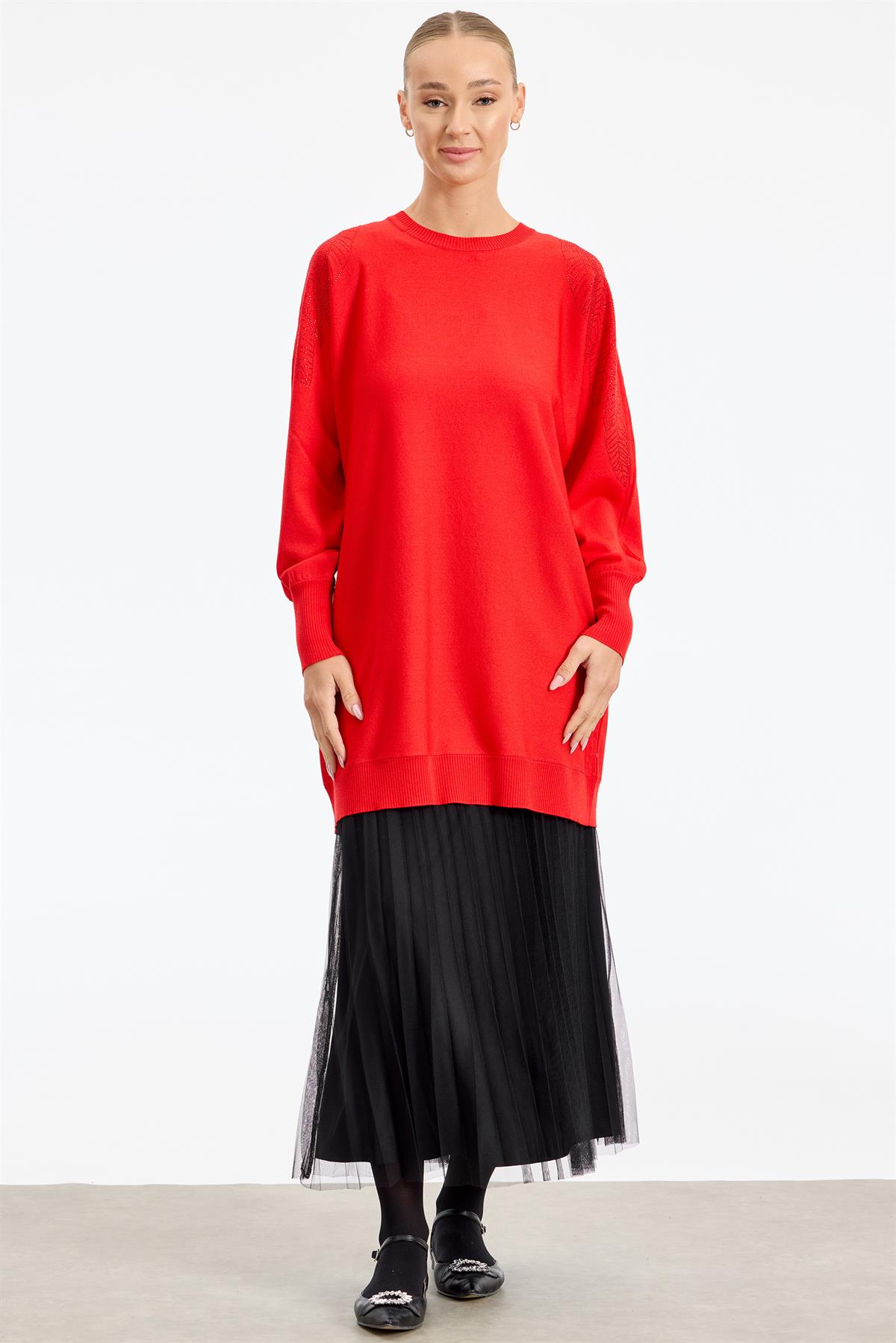 Omzu Yaprak Taş Baskılı Rayon Tunik KIRMIZI