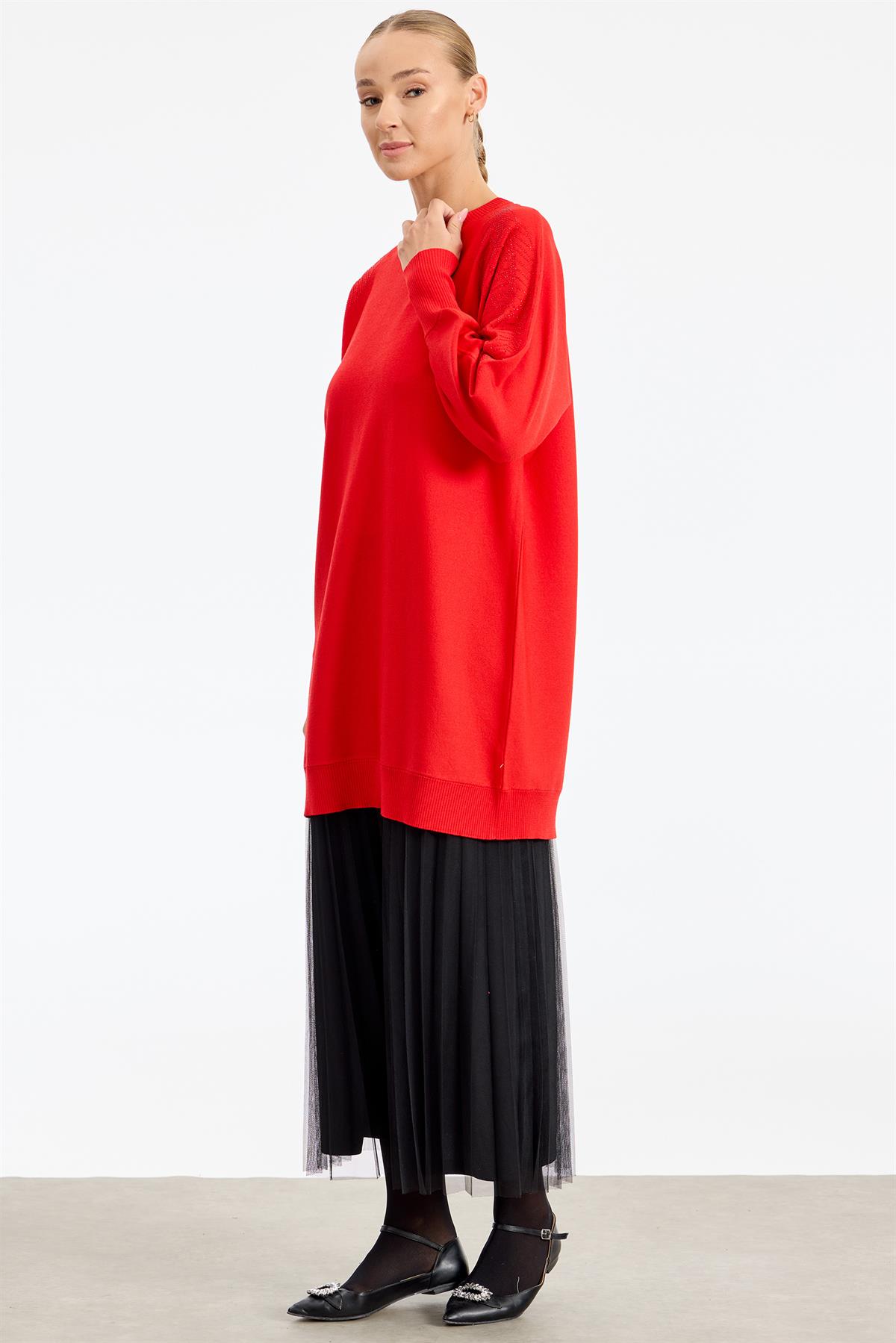 Omzu Yaprak Taş Baskılı Rayon Tunik KIRMIZI