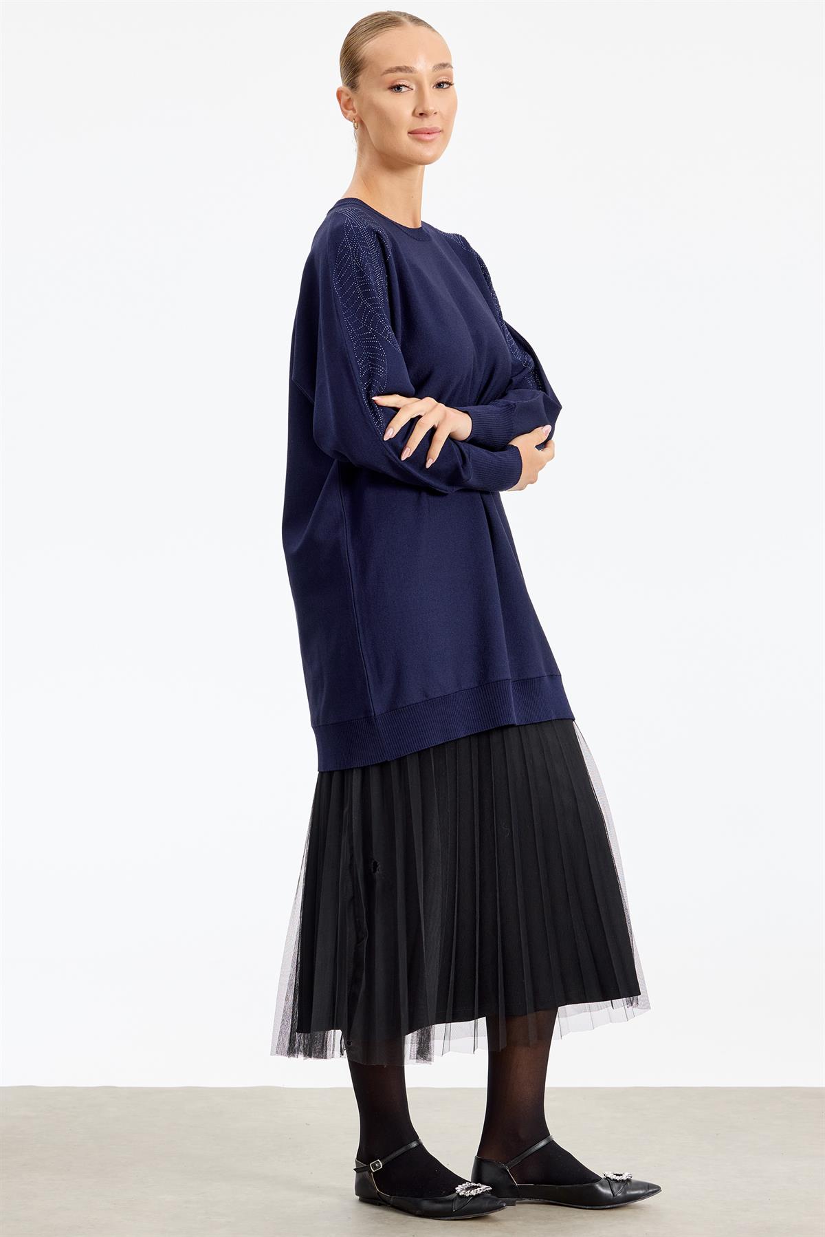 Omzu Yaprak Taş Baskılı Rayon Tunik LACİVERT