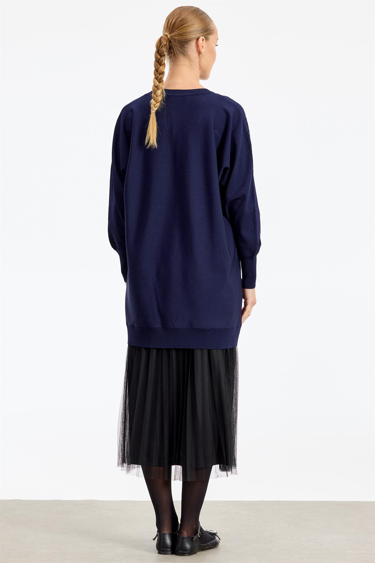 Omzu Yaprak Taş Baskılı Rayon Tunik LACİVERT