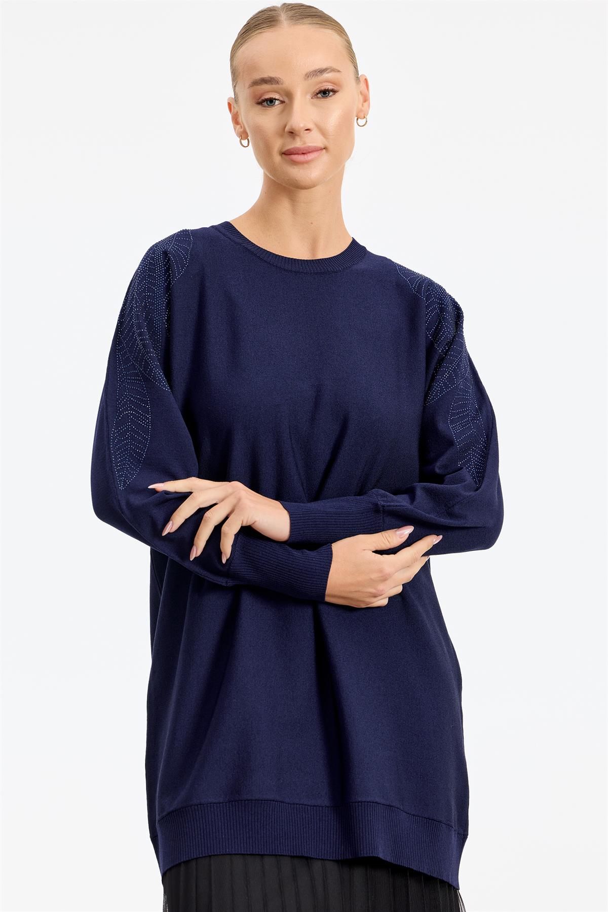 Omzu Yaprak Taş Baskılı Rayon Tunik LACİVERT