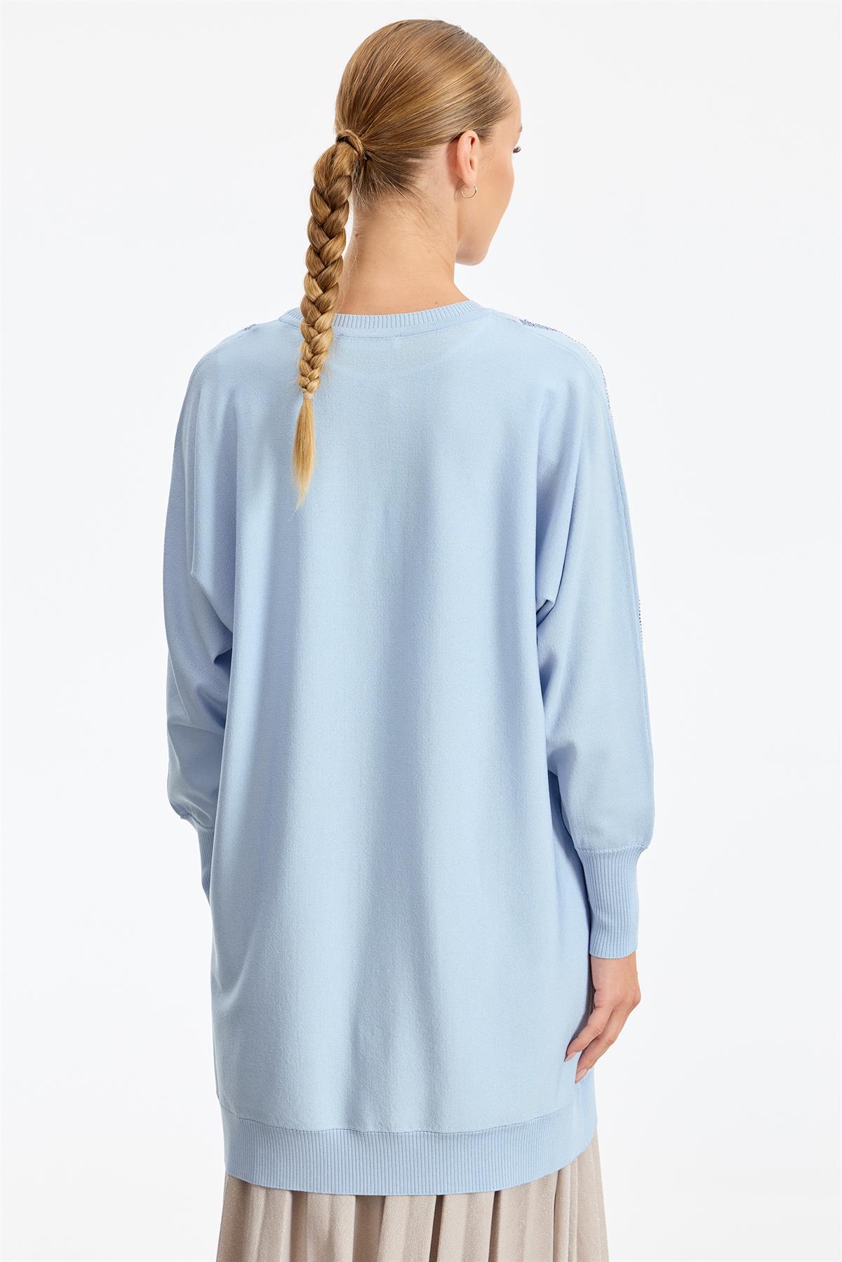 Omzu Yaprak Taş Baskılı Rayon Tunik MAVİ
