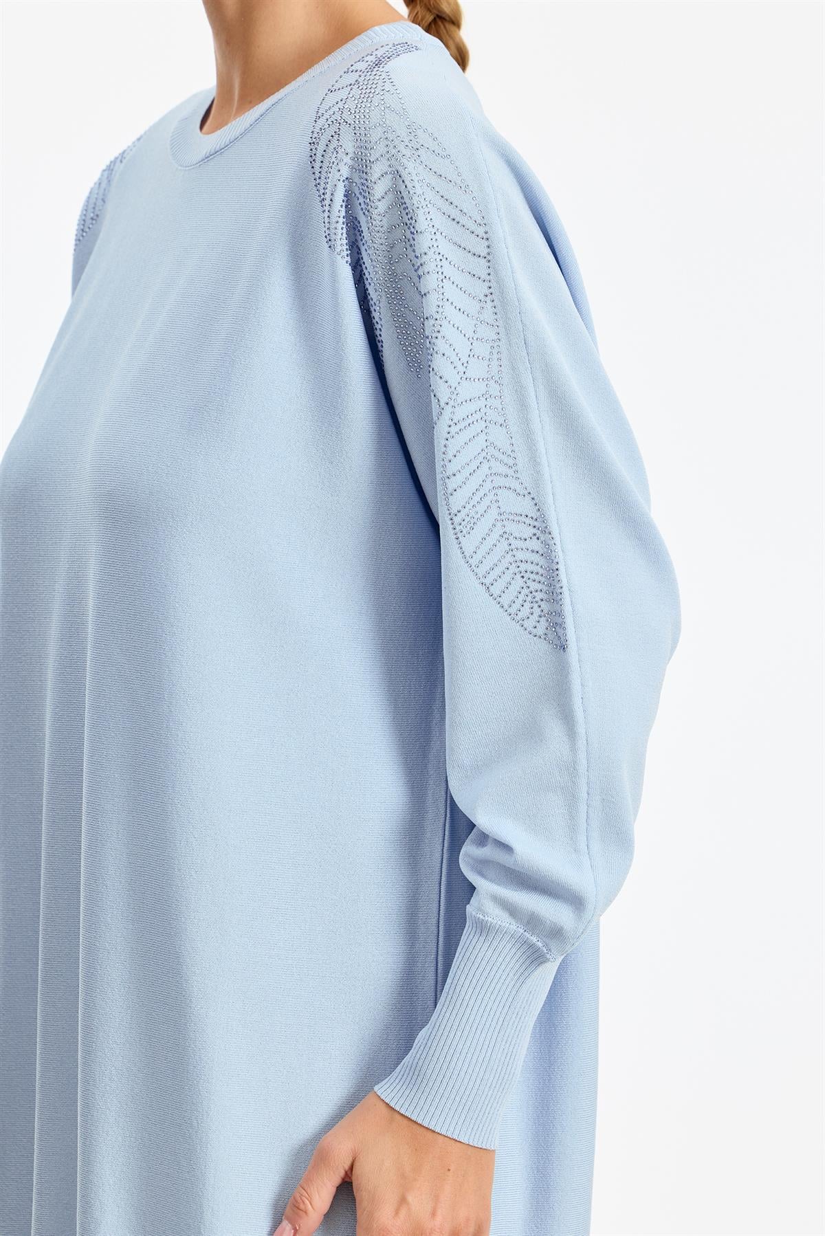 Omzu Yaprak Taş Baskılı Rayon Tunik MAVİ