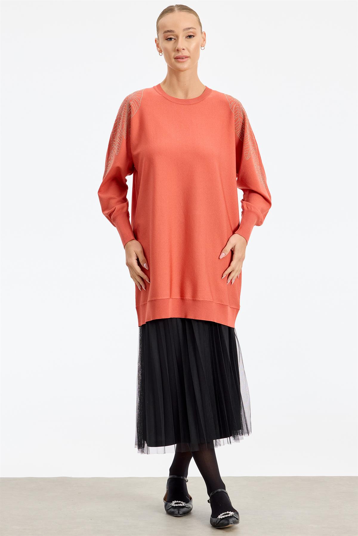 Omzu Yaprak Taş Baskılı Rayon Tunik SOMON