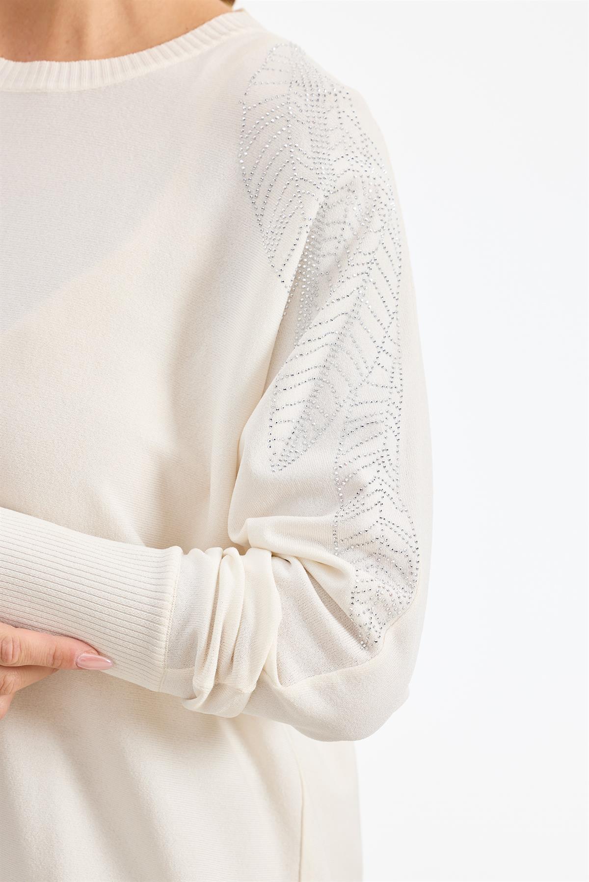 Omzu Yaprak Taş Baskılı Rayon Tunik VANİLYA