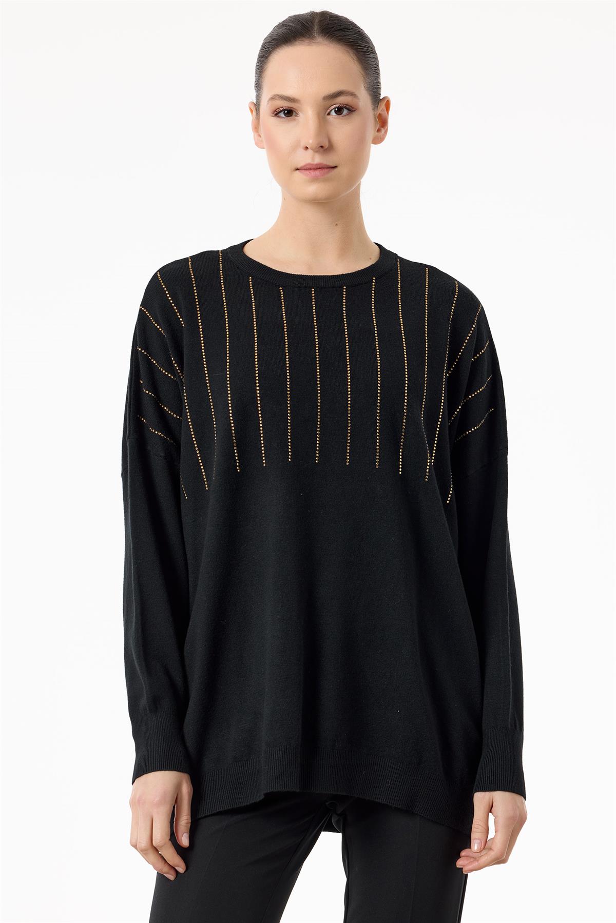 Ön Bedeni Yarım Taş Baskılı Triko Tunik SİYAH