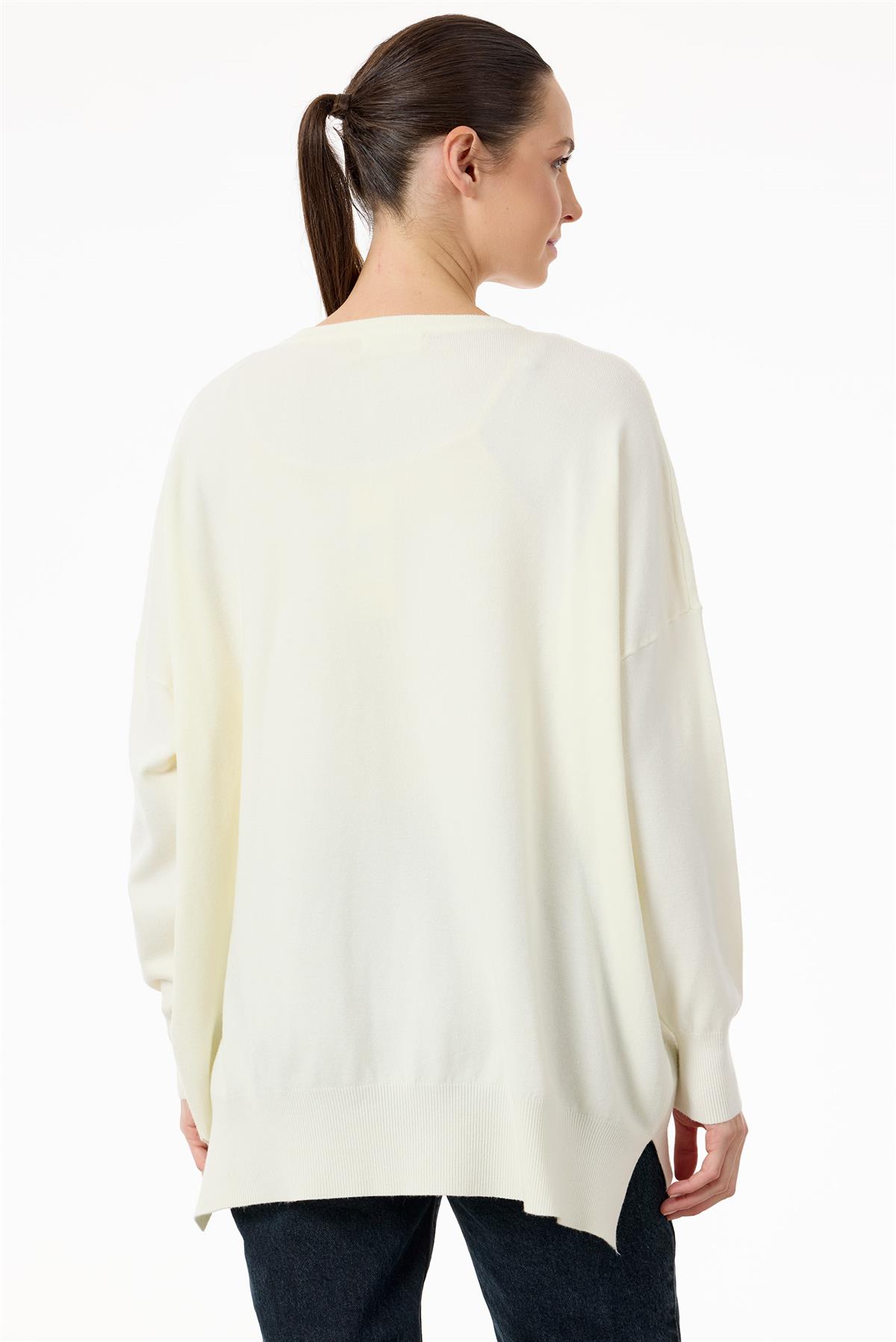 Ön Bedeni Yarım Taş Baskılı Triko Tunik EKRU