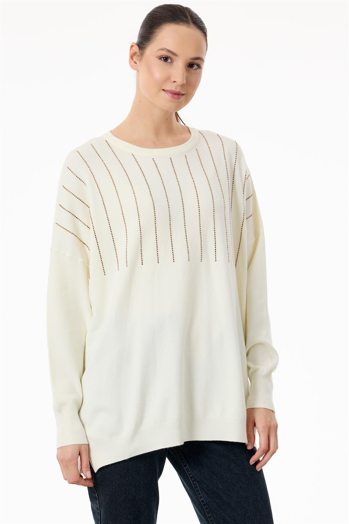 Ön Bedeni Yarım Taş Baskılı Triko Tunik EKRU