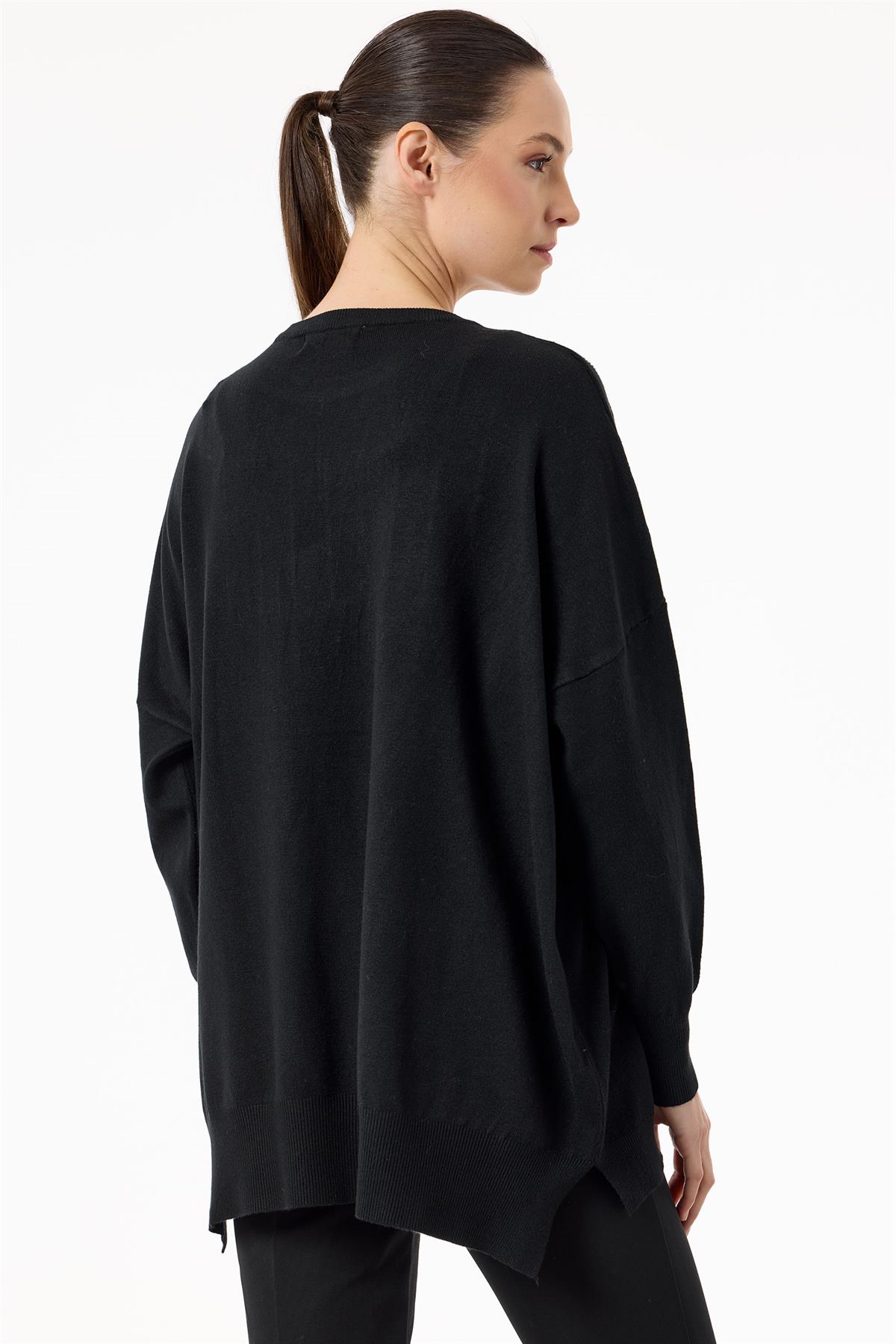 Ön Bedeni Yarım Taş Baskılı Triko Tunik SİYAH