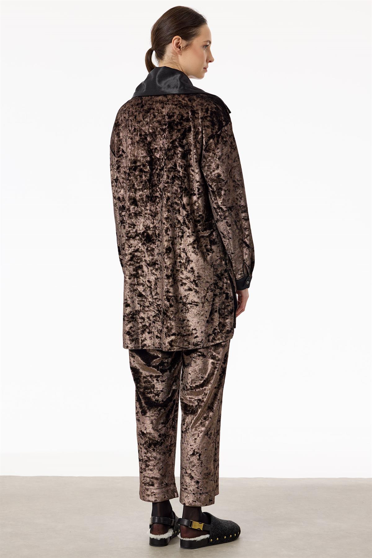 Önden Çıtçtlı Kadife Pantolonlu Takım KAHVE