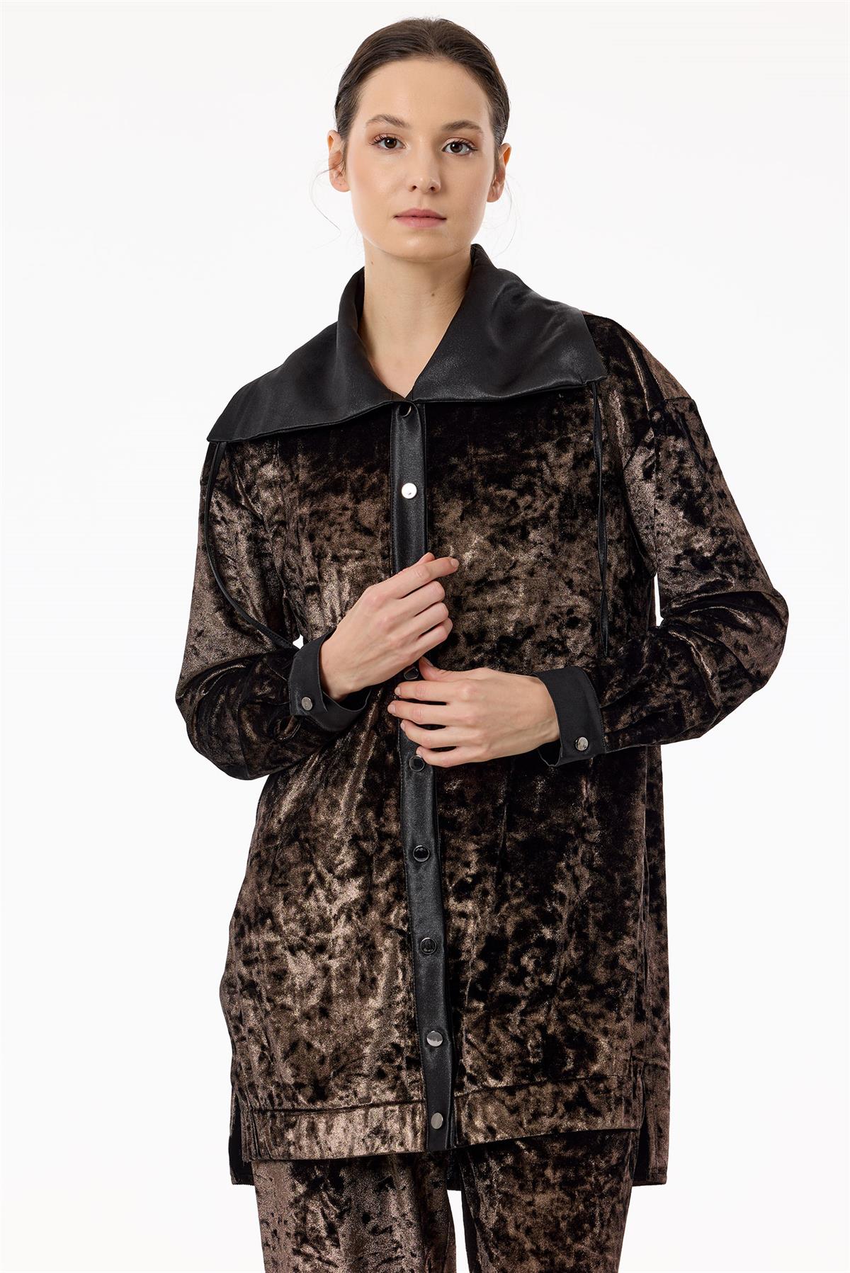 Önden Çıtçtlı Kadife Pantolonlu Takım KAHVE