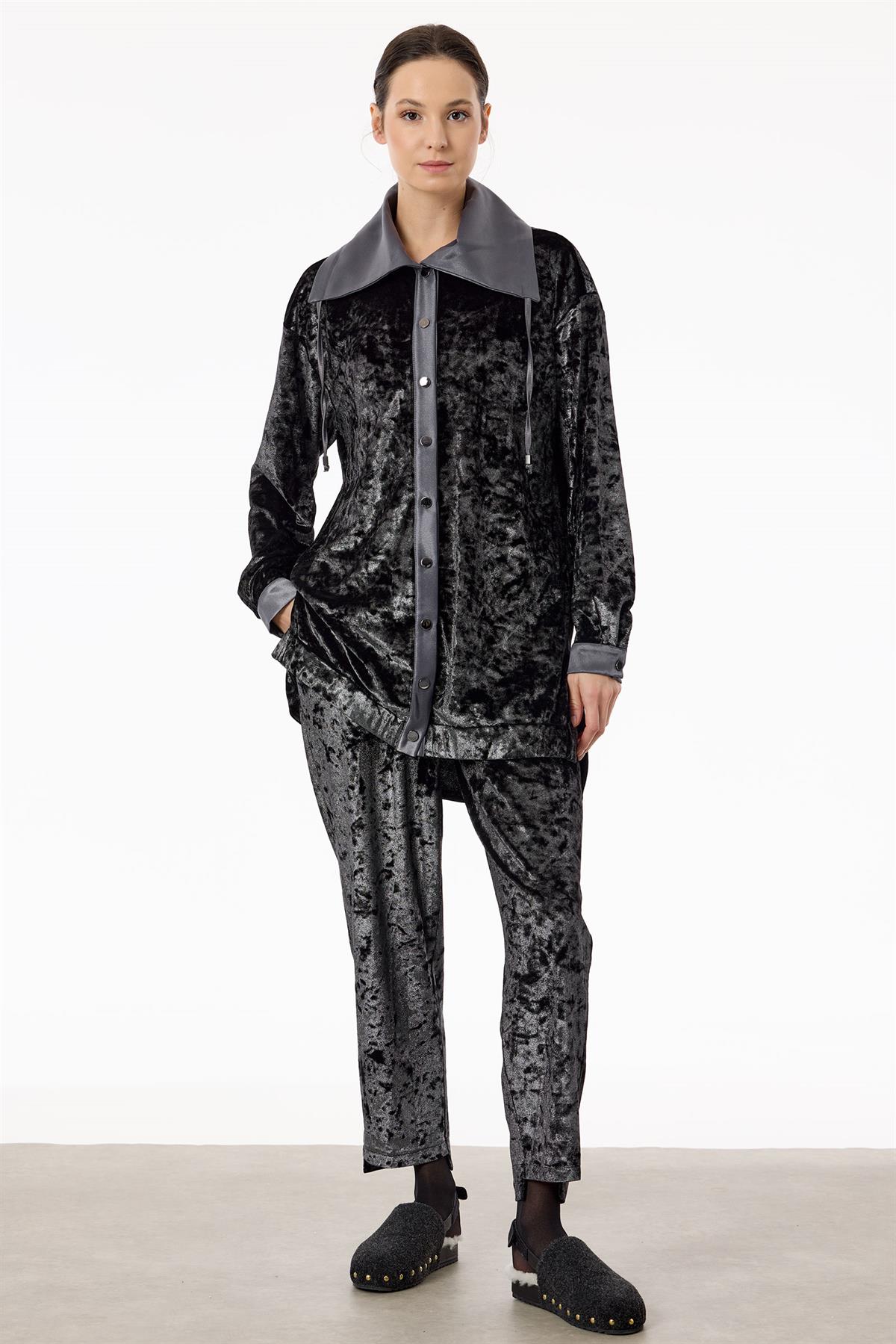 Önden Çıtçtlı Kadife Pantolonlu Takım GRİ